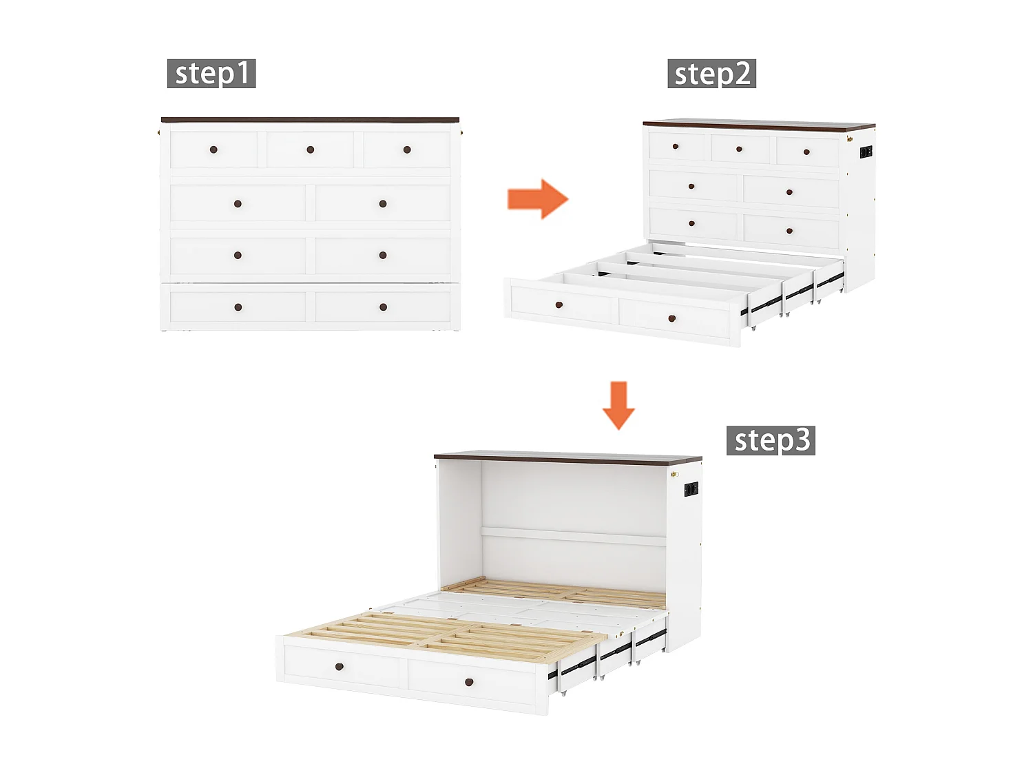 Lit escamotable 140 x 200 cm avec 2 tiroirs et étagère en tête de lit - Bois de pin et MDF - Prise USB - Blanc