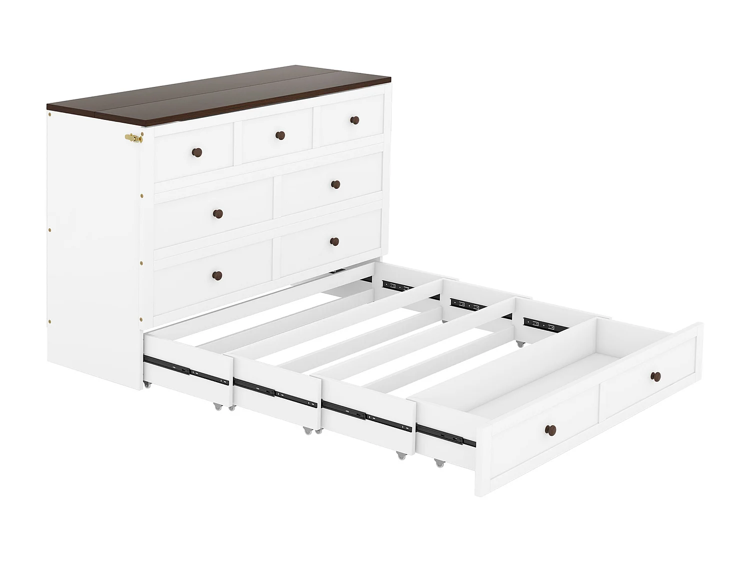 Lit escamotable 140 x 200 cm avec 2 tiroirs et étagère en tête de lit - Bois de pin et MDF - Prise USB - Blanc