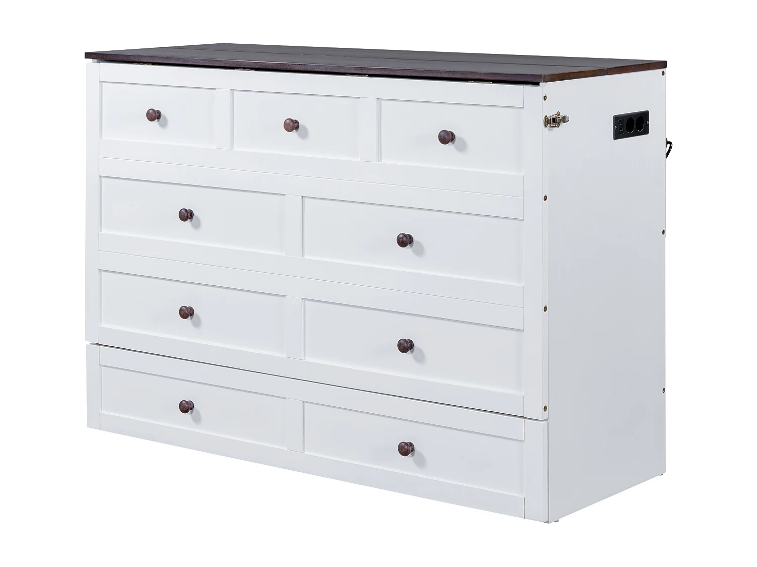 Lit escamotable 140 x 200 cm avec 2 tiroirs et étagère en tête de lit - Bois de pin et MDF - Prise USB - Blanc