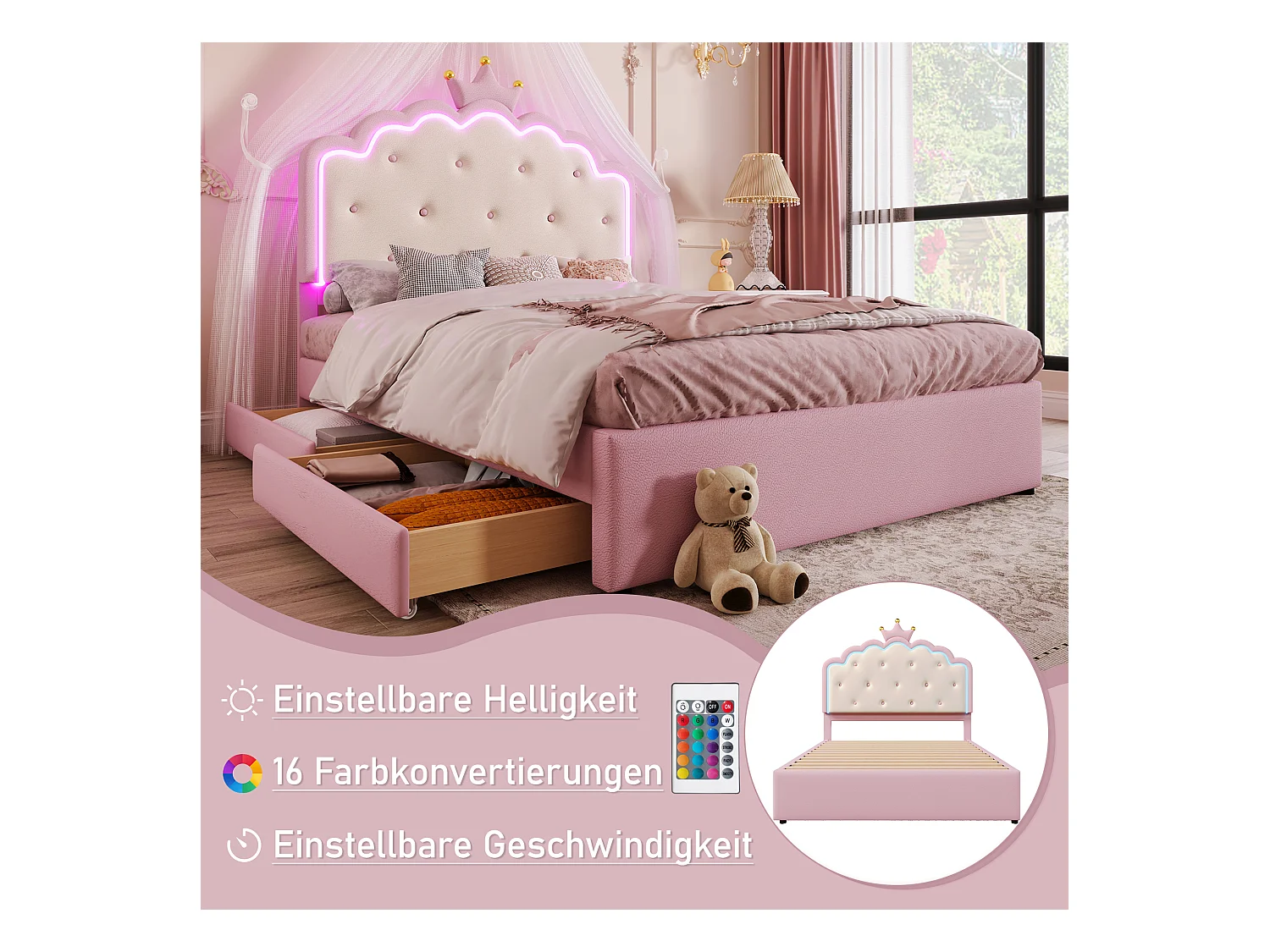 Lit gigogne 140 x 200 cm avec tête de lit en couronne - Cuir PU - LEDs - Sommier à lattes - Rose (Sans matelas)