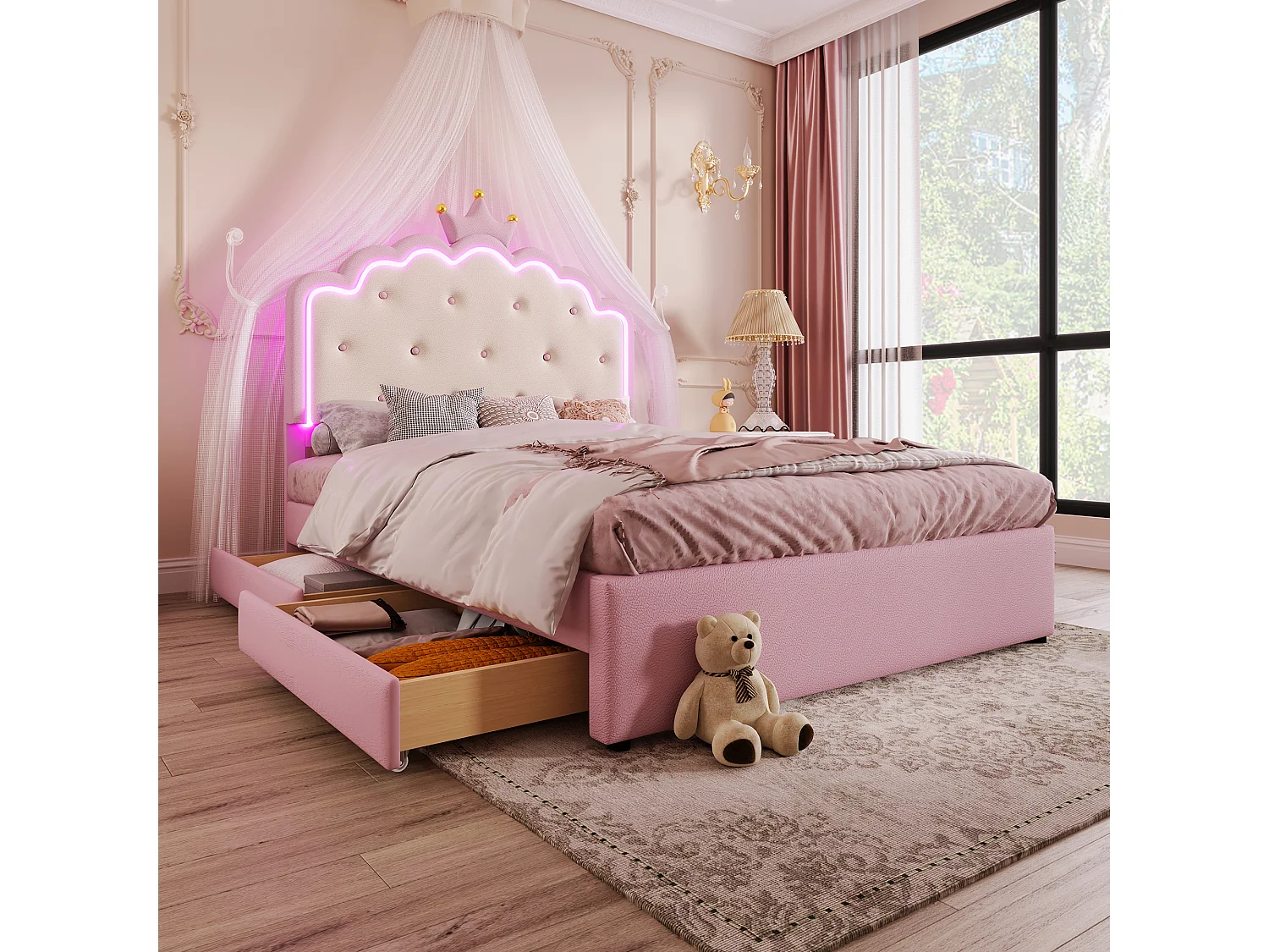 Lit gigogne 140 x 200 cm avec tête de lit en couronne - Cuir PU - LEDs - Sommier à lattes - Rose (Sans matelas)