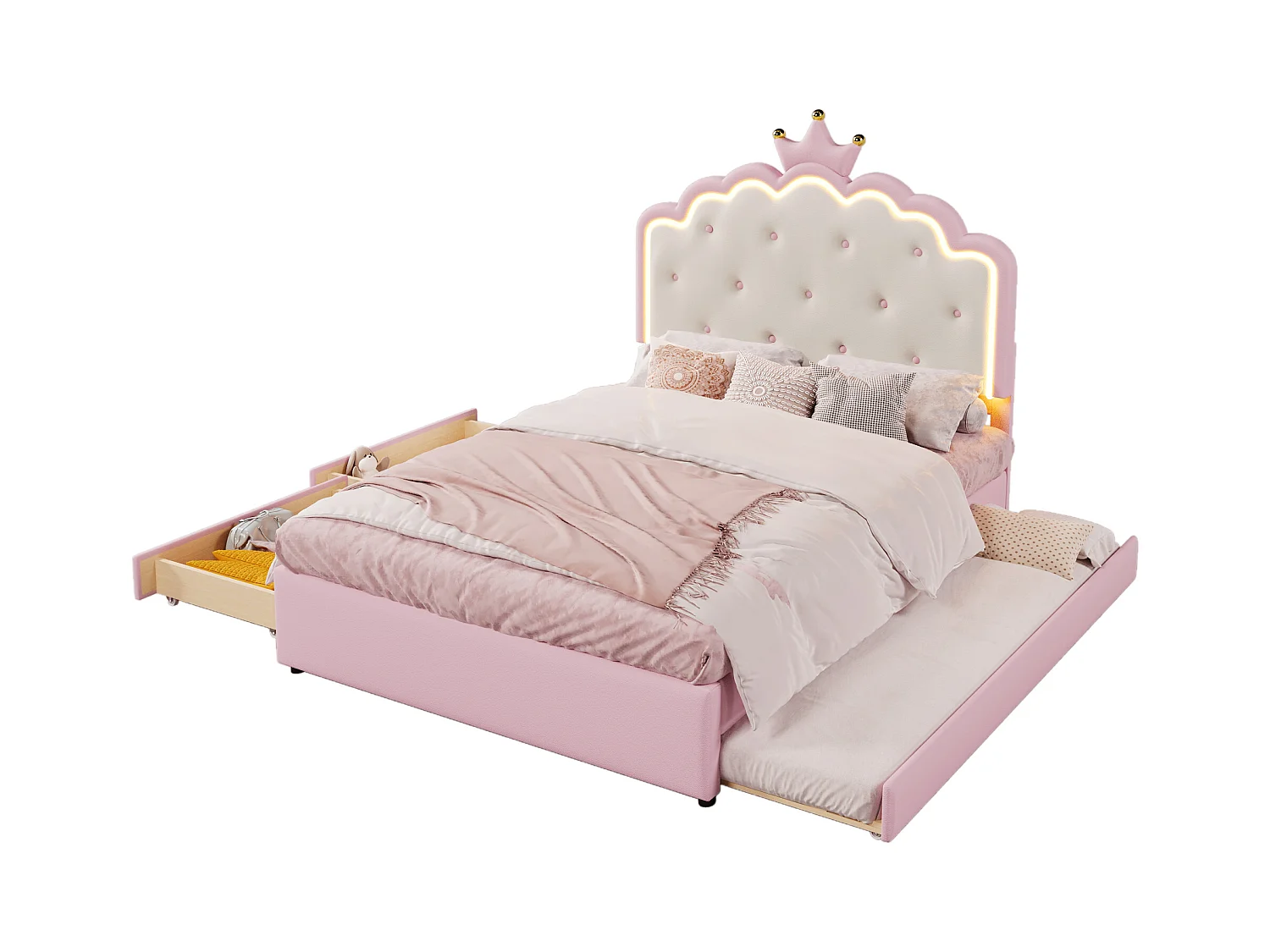 Lit gigogne 140 x 200 cm avec tête de lit en couronne - Cuir PU - LEDs - Sommier à lattes - Rose (Sans matelas)