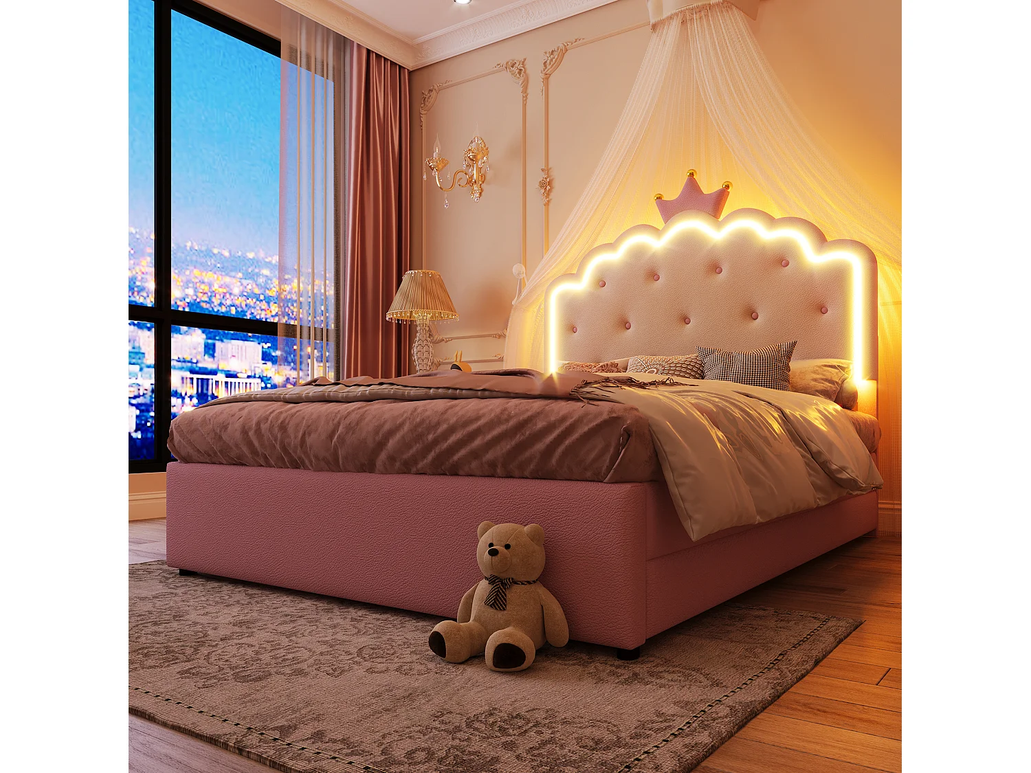 Ausziehbett 140 x 200 cm mit Kronenkopfteil – PU-Leder – LEDs – Lattenrost – Rosa (Ohne Matratze)