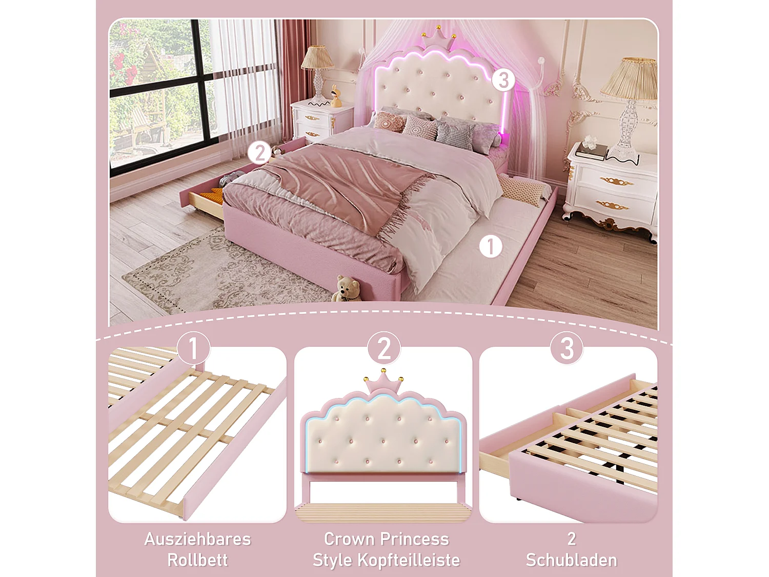 Uitschuifbed 140 x 200 cm met kroonvormig hoofdeinde - PU-leer - LED-verlichting - Lattenbodem - Roze (Matras niet inbegrepen)