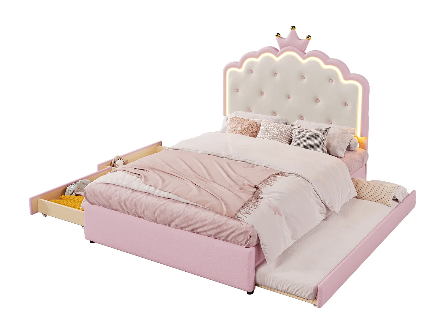 Uitschuifbed 140 x 200 cm met kroonvormig hoofdeinde - PU-leer - LED-verlichting - Lattenbodem - Roze (Matras niet inbegrepen)