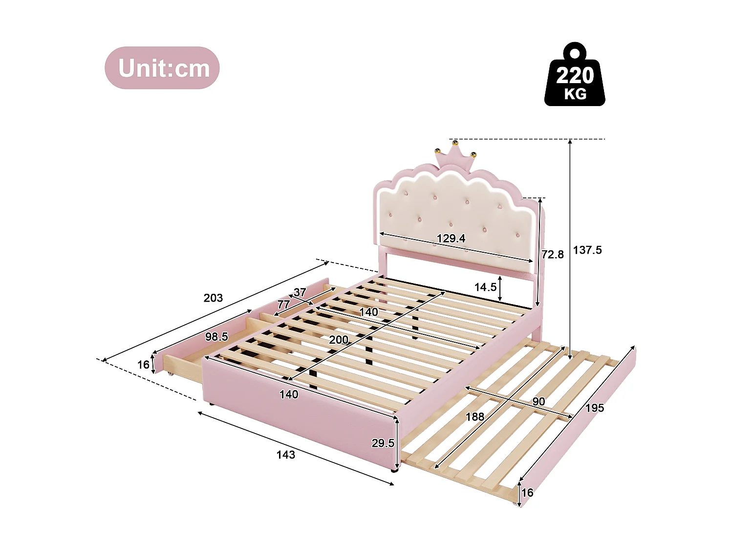 Uitschuifbed 140 x 200 cm met kroonvormig hoofdeinde - PU-leer - LED-verlichting - Lattenbodem - Roze (Matras niet inbegrepen)