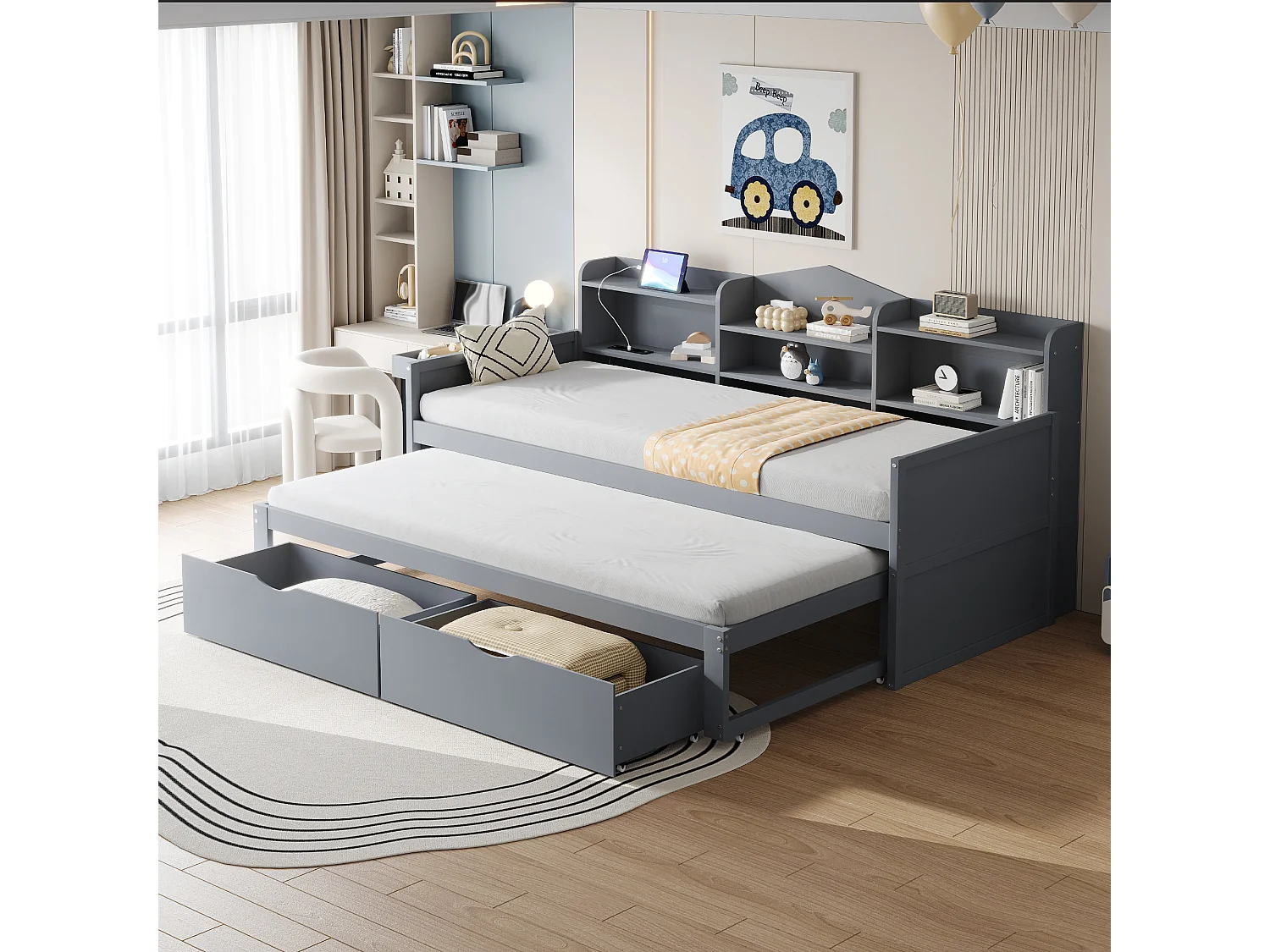 Lit gigogne 90 x 200 + 90 x 190 cm avec 2 tiroirs, étagères et prise USB - Panneaux de particules et MDF - Gris