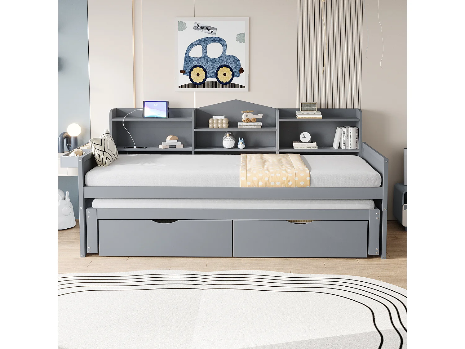 Lit gigogne 90 x 200 + 90 x 190 cm avec 2 tiroirs, étagères et prise USB - Panneaux de particules et MDF - Gris