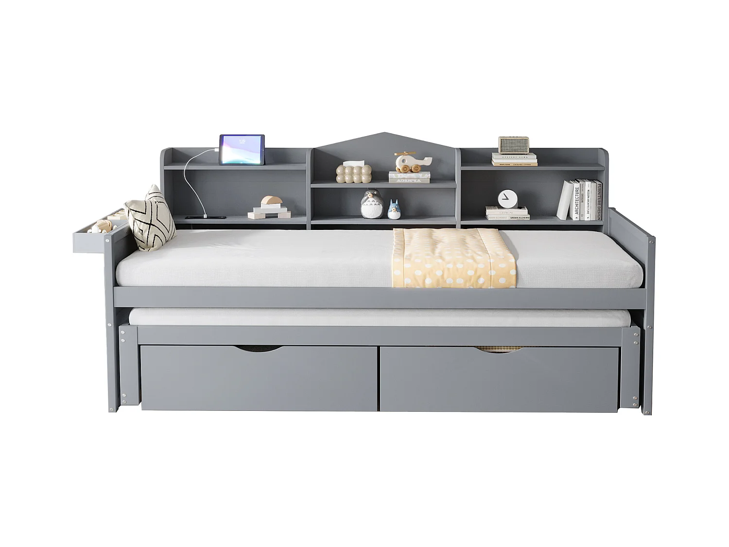 Lit gigogne 90 x 200 + 90 x 190 cm avec 2 tiroirs, étagères et prise USB - Panneaux de particules et MDF - Gris