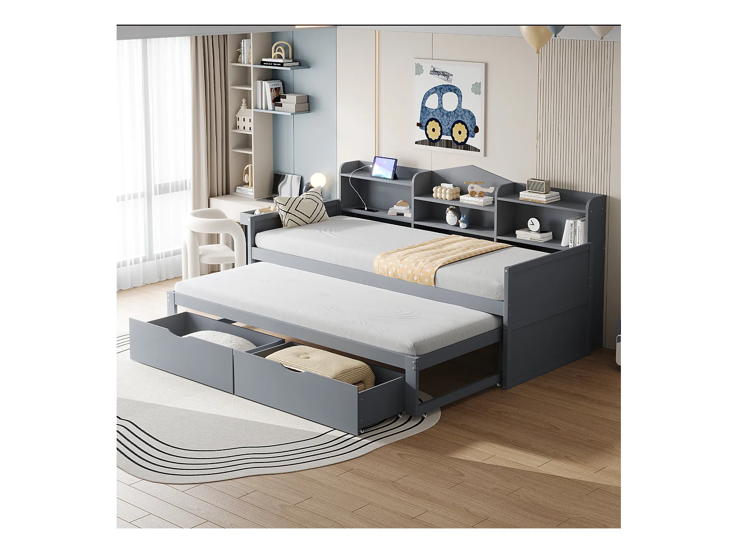 Lit gigogne 90 x 200 + 90 x 190 cm avec 2 tiroirs, étagères et prise USB - Panneaux de particules et MDF - Gris