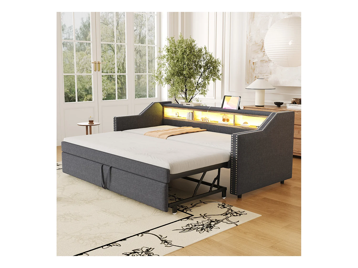 Lit gigogne 90/180 x 190 cm pour enfant - Tissu en lin - LEDs et prise USB - coloris gris foncé