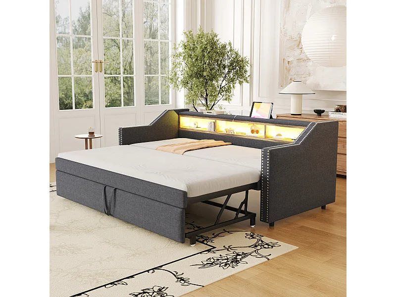 Uitschuifbaar bed 90/180 x 190 cm voor kinderen - Linnenstof - LED's en USB-aansluiting - donkergrijze kleur