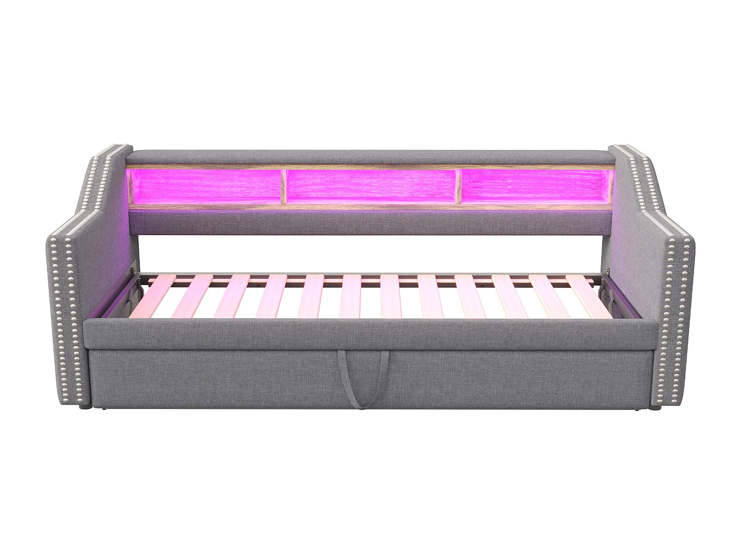 Cama nido 90/180 x 190 cm para niños - Tejido de lino - LED y toma USB - color gris