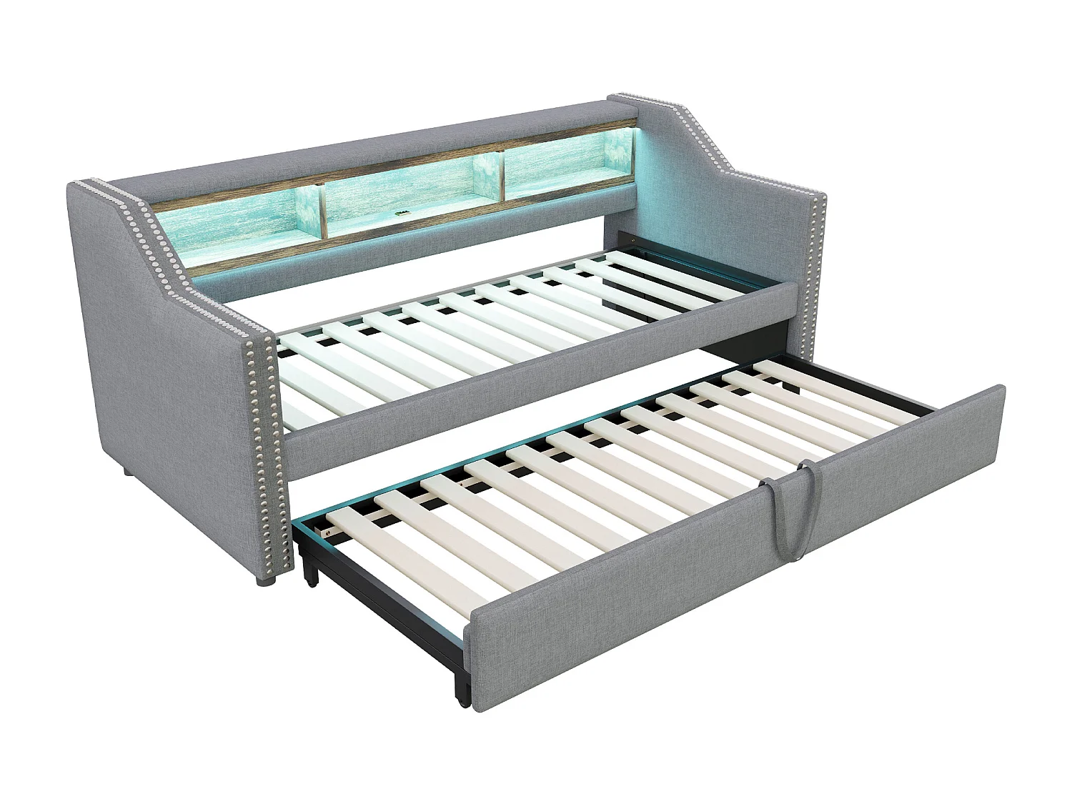 Ausziehbett 90/180 x 190 cm für Kinder – Leinenstoff – LEDs und USB-Buchse – graue Farbe