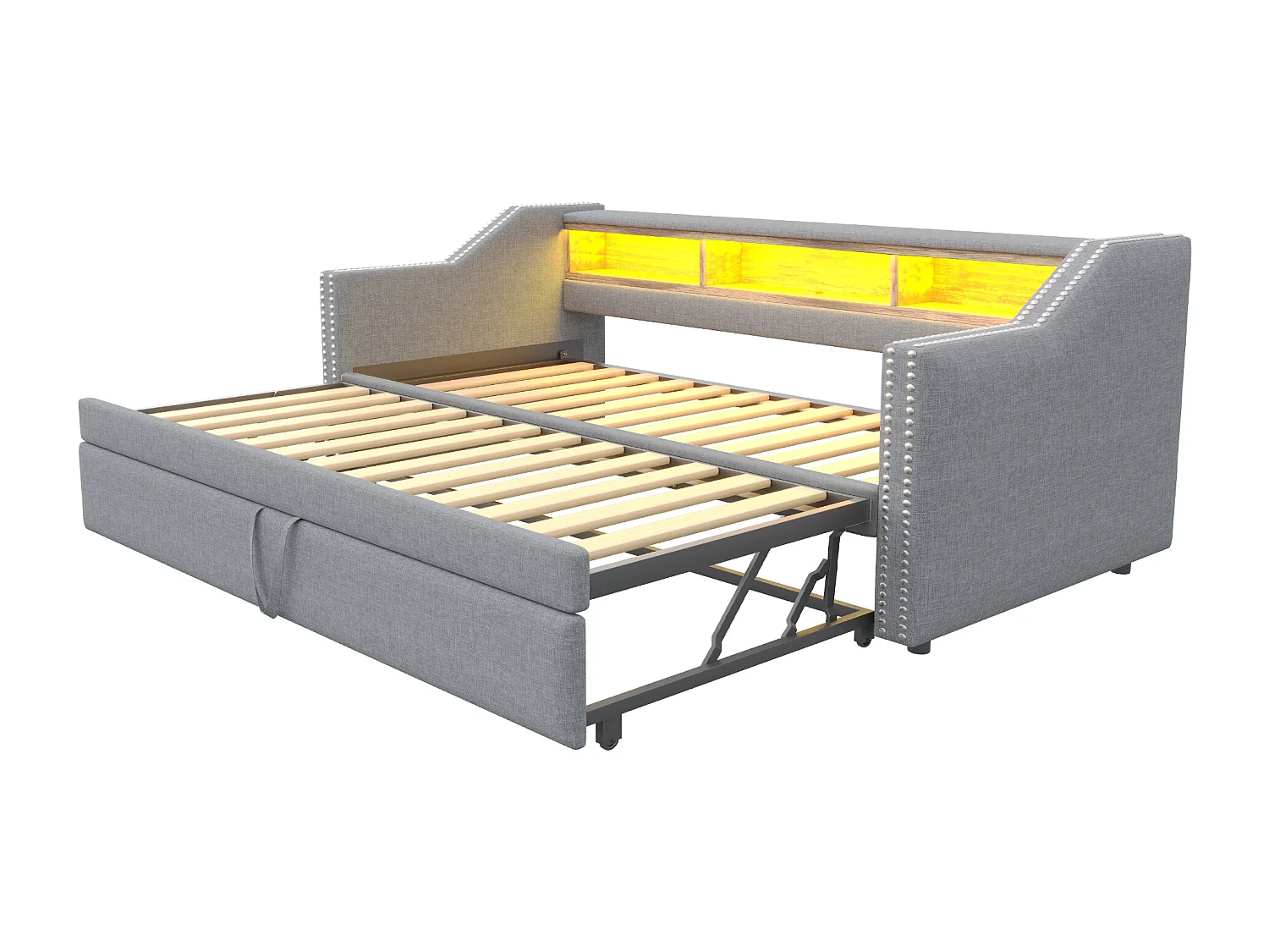 Ausziehbett 90/180 x 190 cm für Kinder – Leinenstoff – LEDs und USB-Buchse – graue Farbe