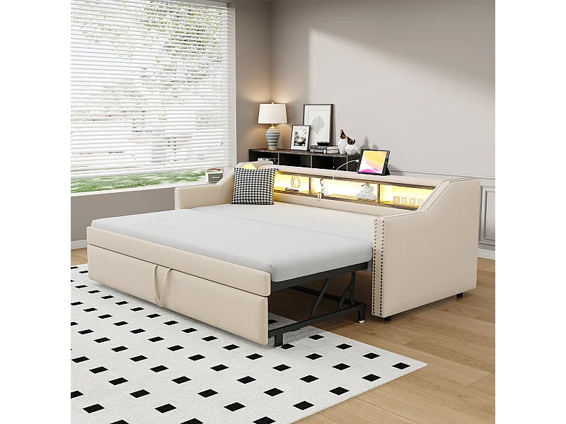 Łóżko dziecięce wysuwane 90/180 x 190 cm - Tkanina lniana - Diody LED i port USB - kolor beżowy