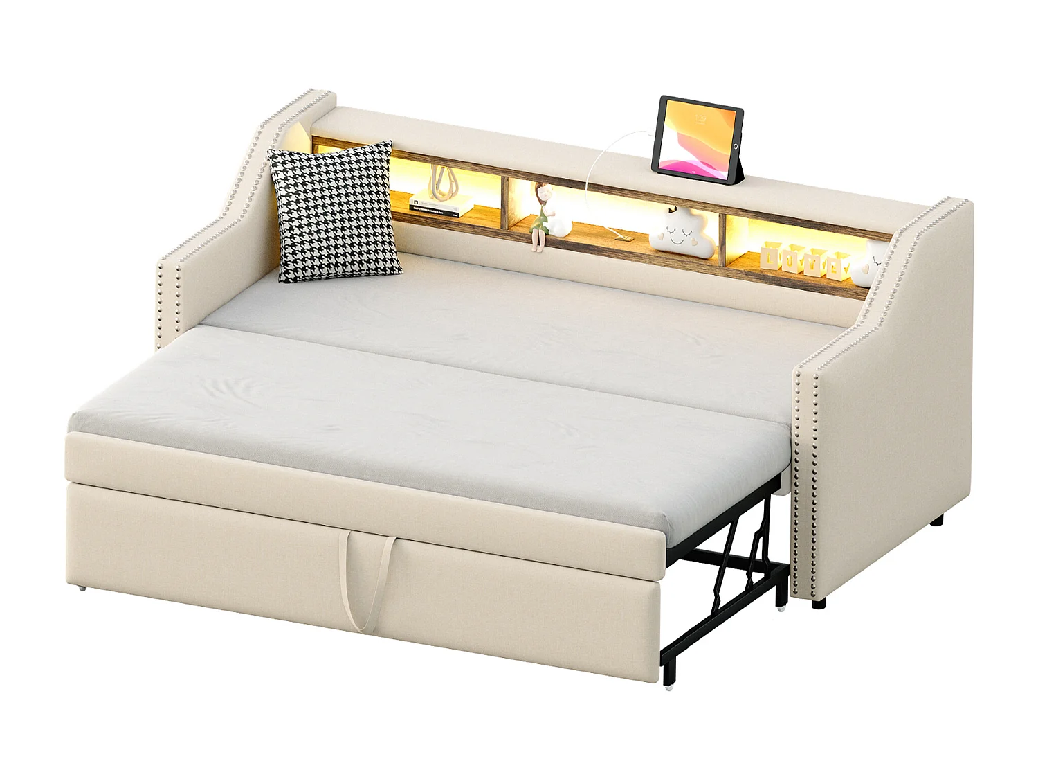 Cama nido 90/180 x 190 cm para niños - Tejido de lino - LED y toma USB - color beige