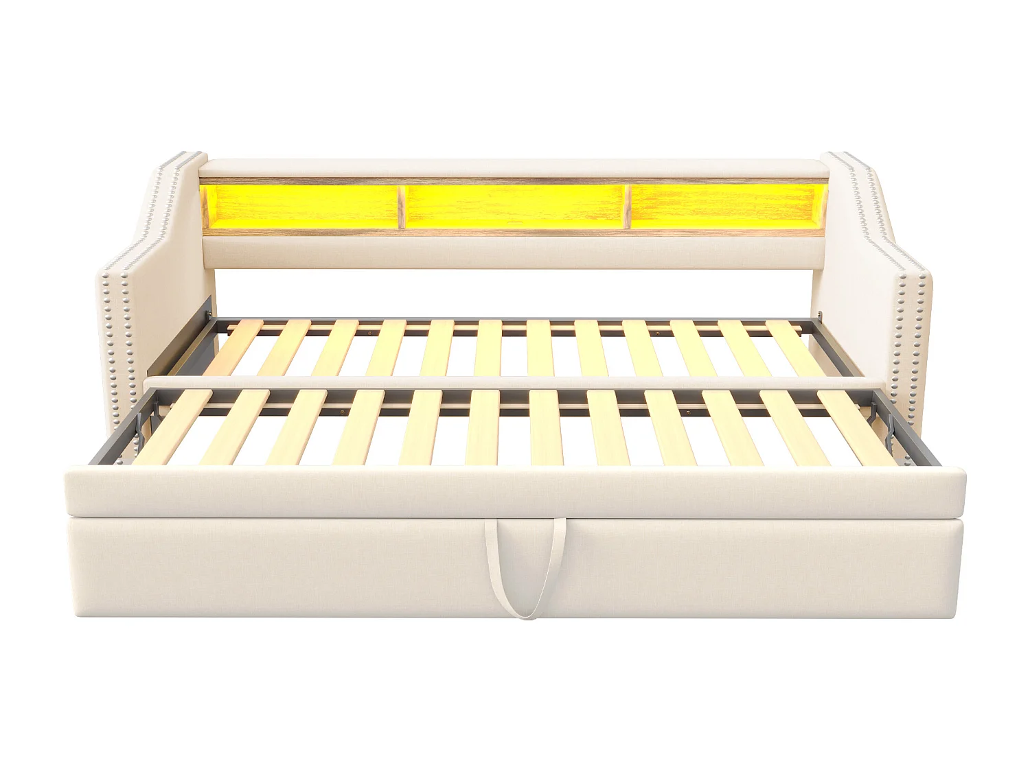 Cama nido 90/180 x 190 cm para niños - Tejido de lino - LED y toma USB - color beige