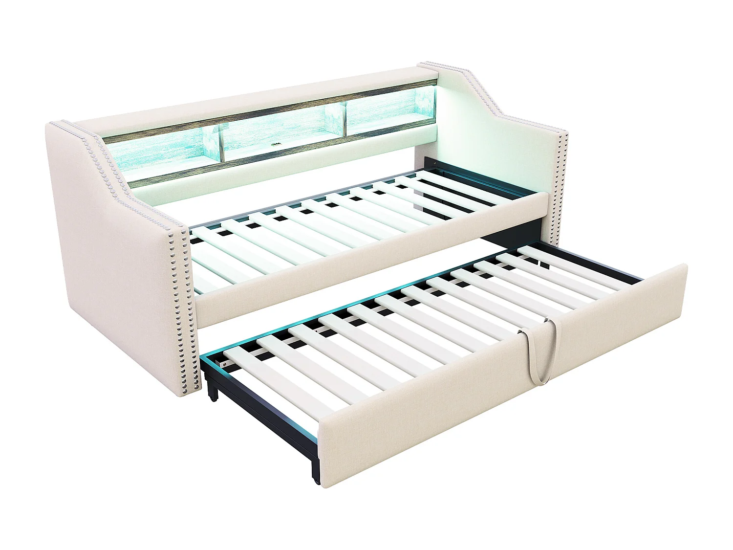 Cama nido 90/180 x 190 cm para niños - Tejido de lino - LED y toma USB - color beige