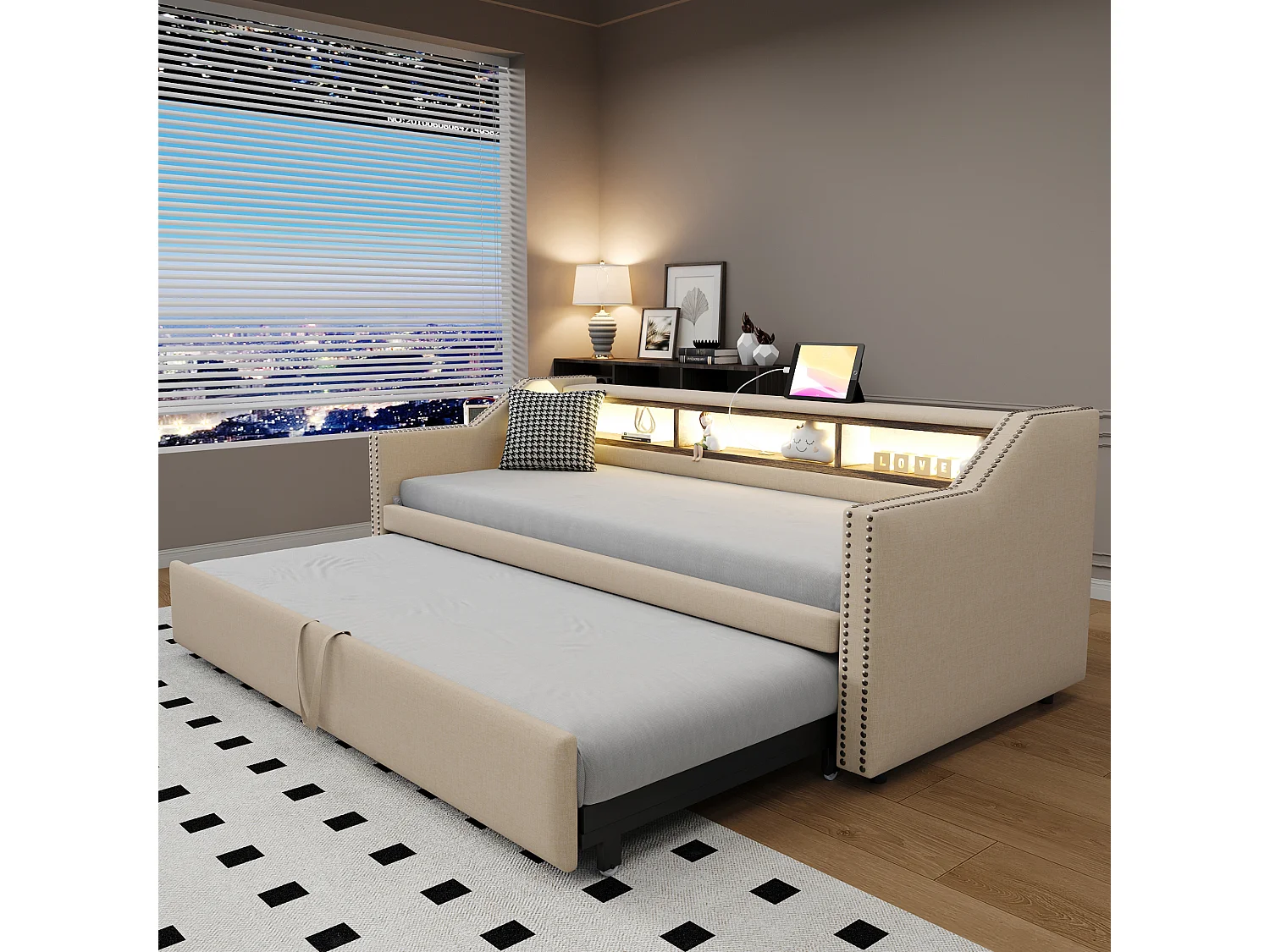 Ausziehbett 90/180 x 190 cm für Kinder – Leinenstoff – LEDs und USB-Buchse – Farbe Beige