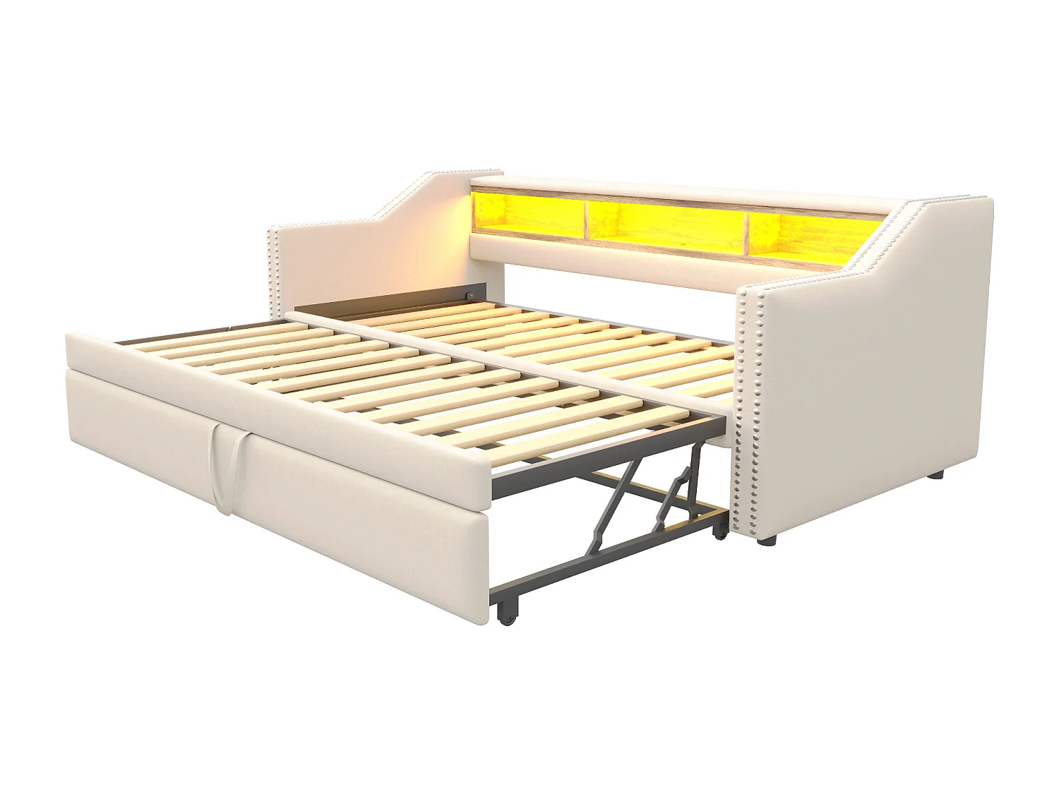 Ausziehbett 90/180 x 190 cm für Kinder – Leinenstoff – LEDs und USB-Buchse – Farbe Beige