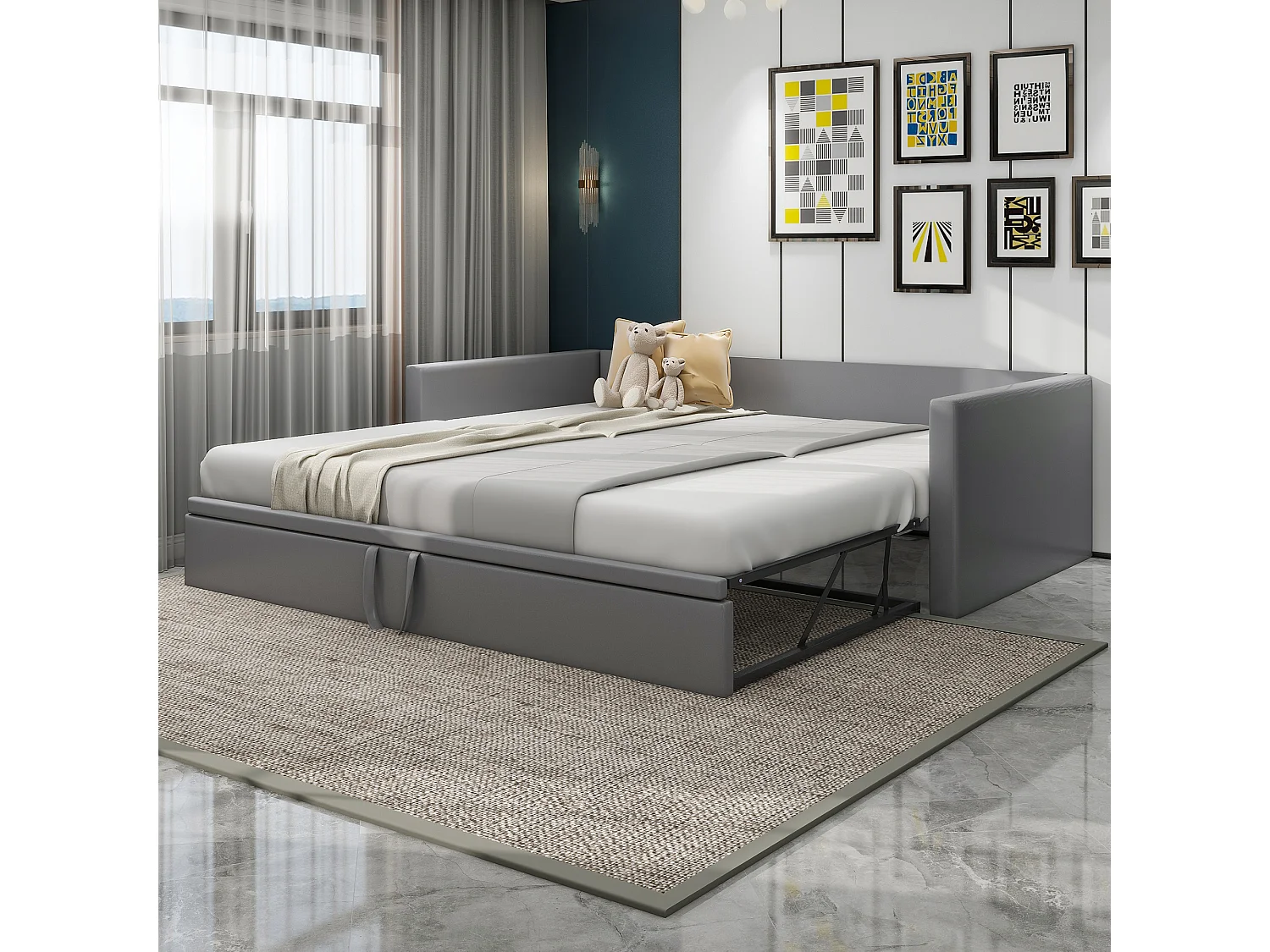 Onderschuifbed 90/180 x 200 cm met hoofdeinde, gestoffeerd bed - Fluweel - Lattenbodem - Grijs