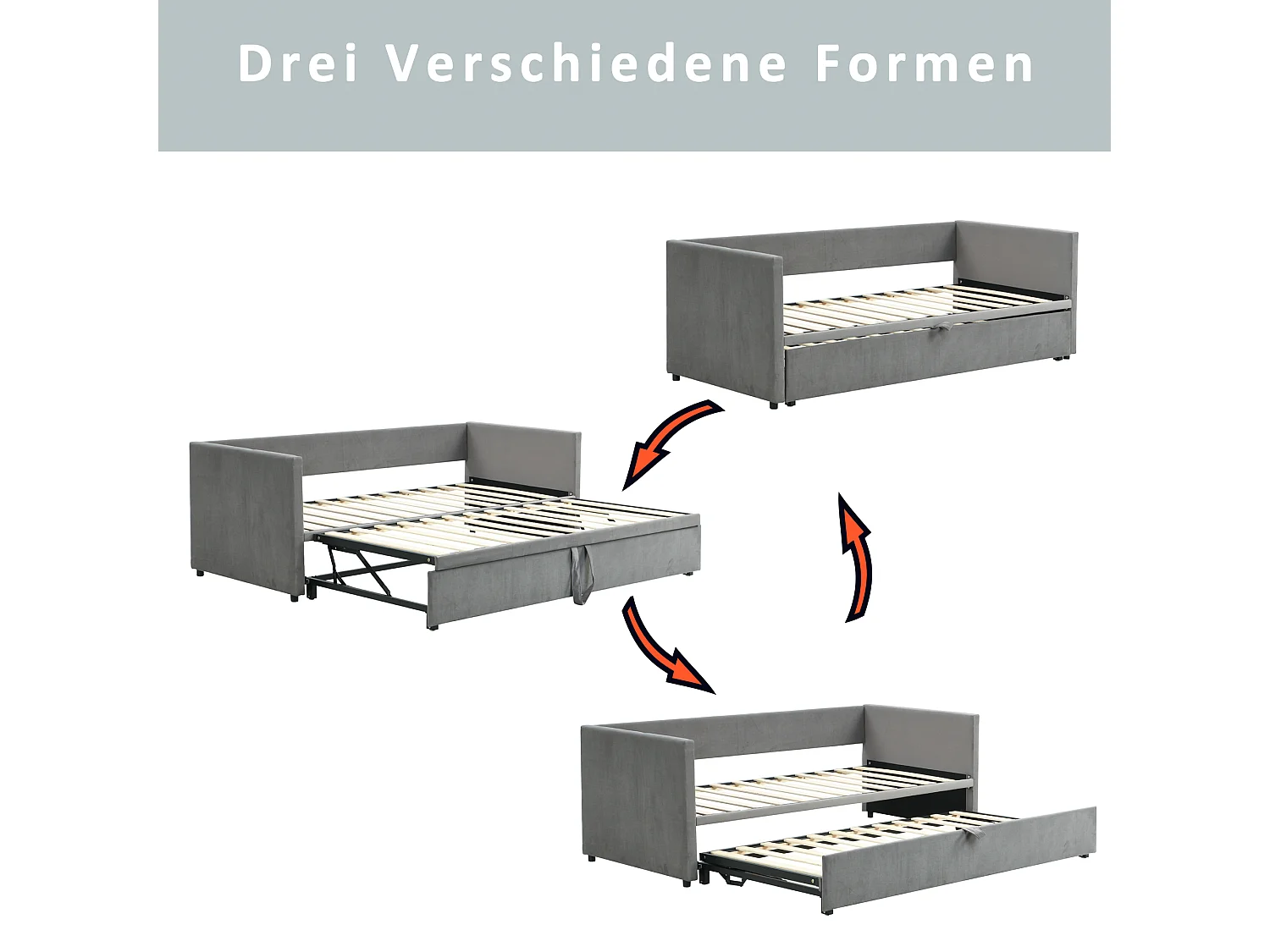 Onderschuifbed 90/180 x 200 cm met hoofdeinde, gestoffeerd bed - Fluweel - Lattenbodem - Grijs