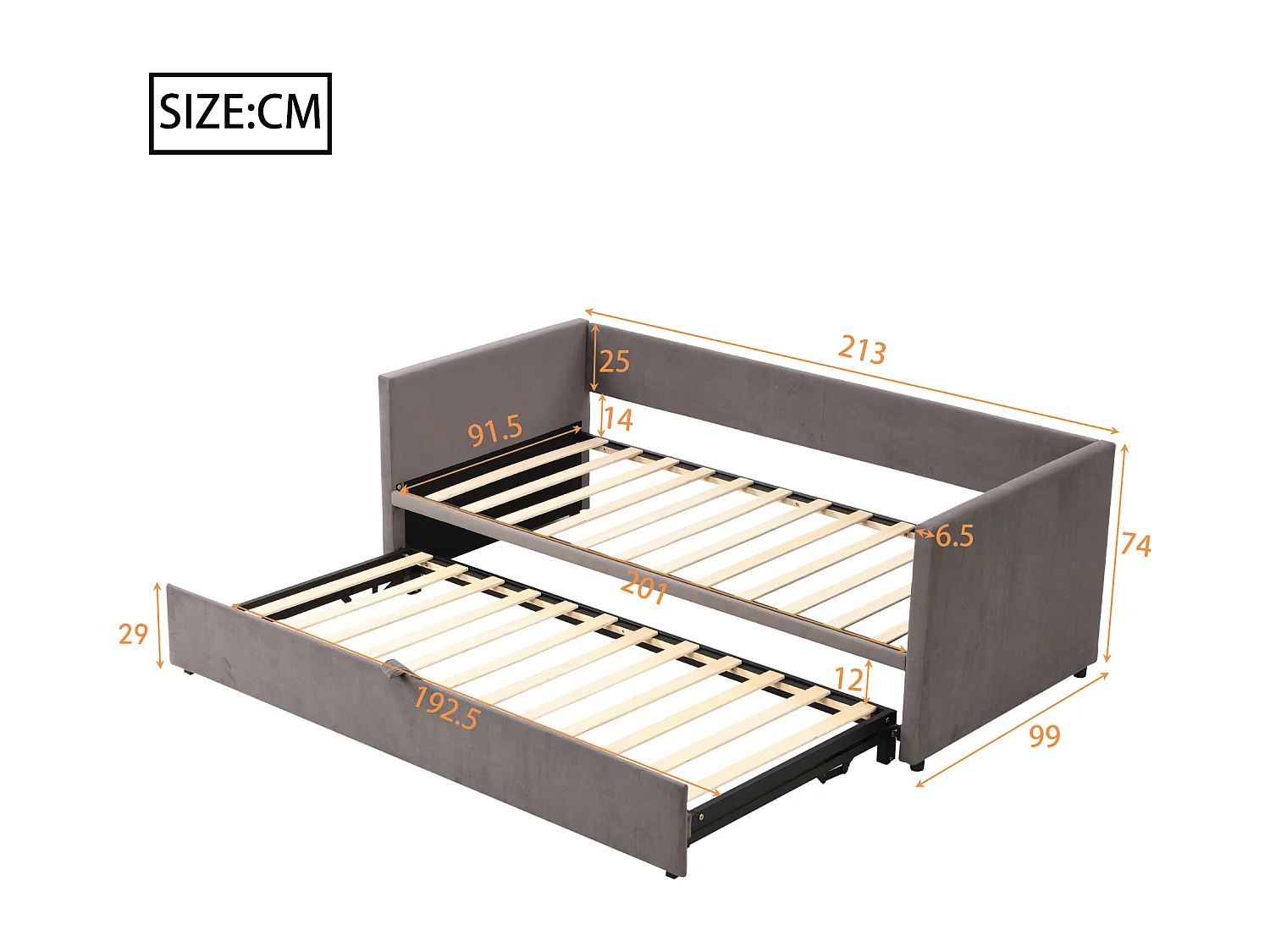 Onderschuifbed 90/180 x 200 cm met hoofdeinde, gestoffeerd bed - Fluweel - Lattenbodem - Grijs