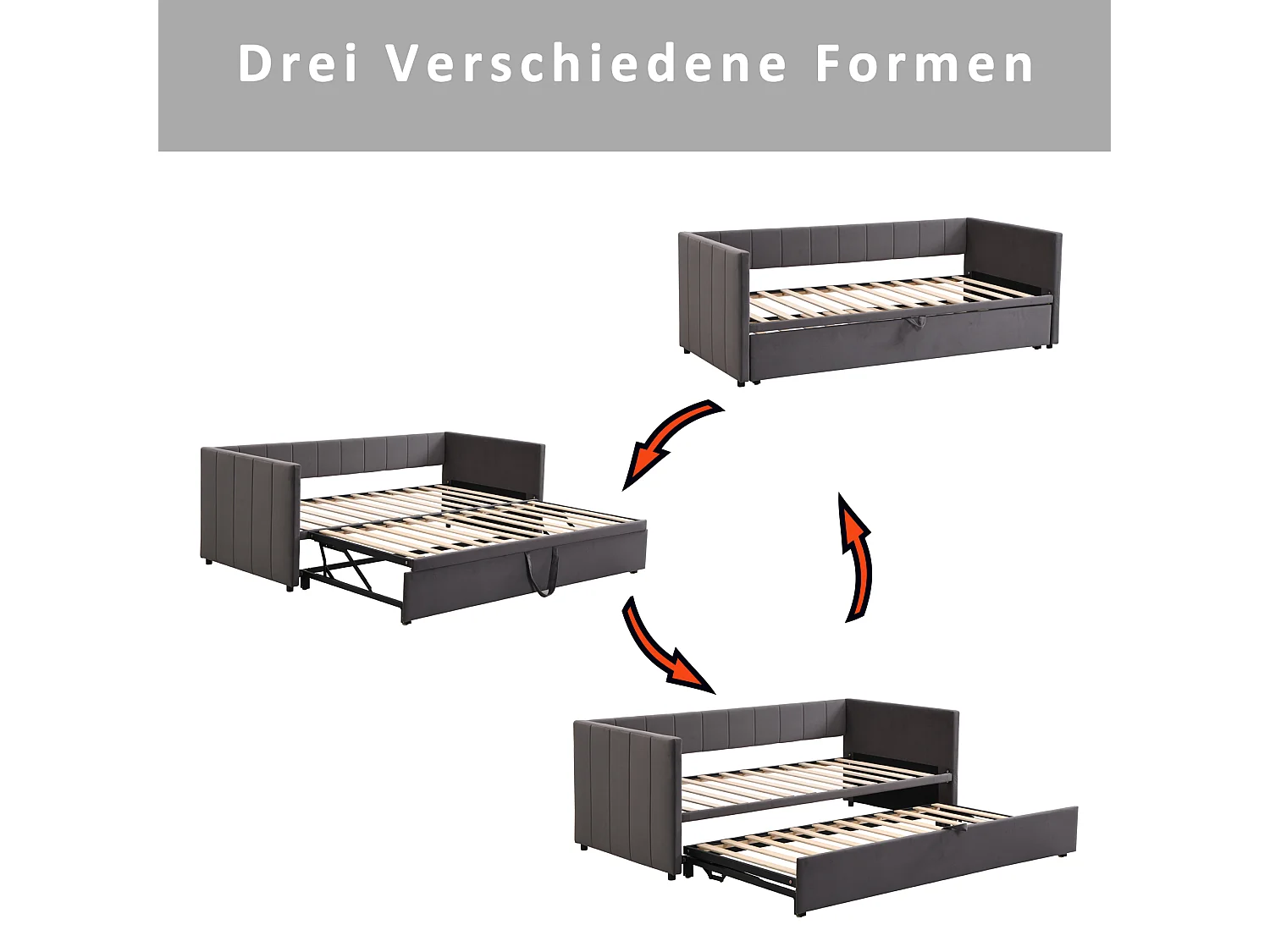 Lit gigogne 90/180 x 200 cm avec tête de lit - Velours - Canapé-lit - Sommier à lattes - Gris