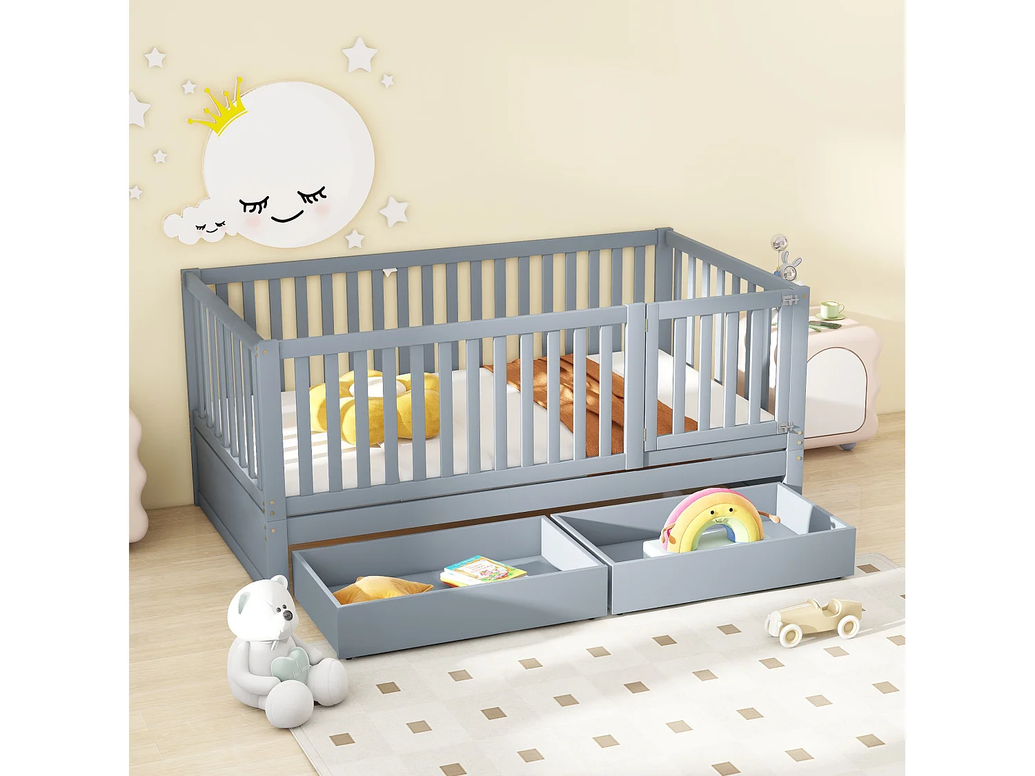 Babybed 90 x 200 cm met 2 lades en lattenbodem - Grenen + multiplex + MDF - Kleur grijs