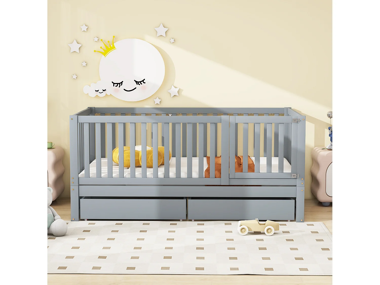 Babybed 90 x 200 cm met 2 lades en lattenbodem - Grenen + multiplex + MDF - Kleur grijs