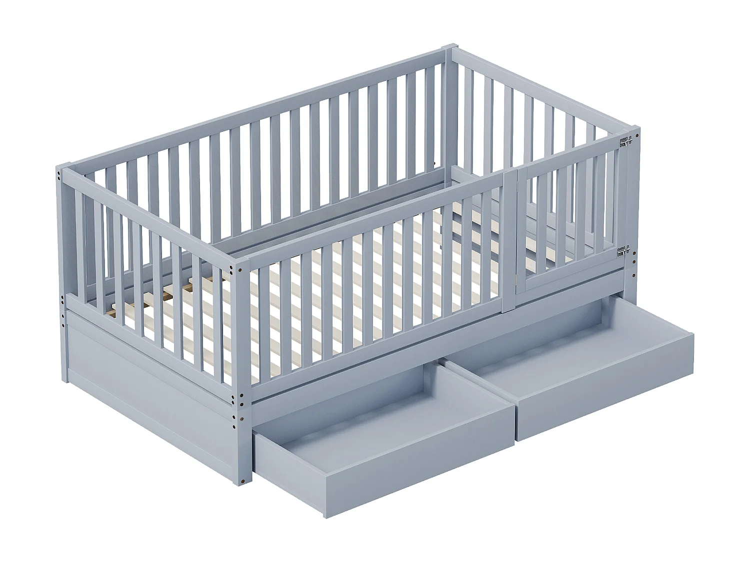 Cama de bebê 90 x 200 cm com 2 gavetas e base de ripas - Pinho + compensado + MDF - Cor cinza