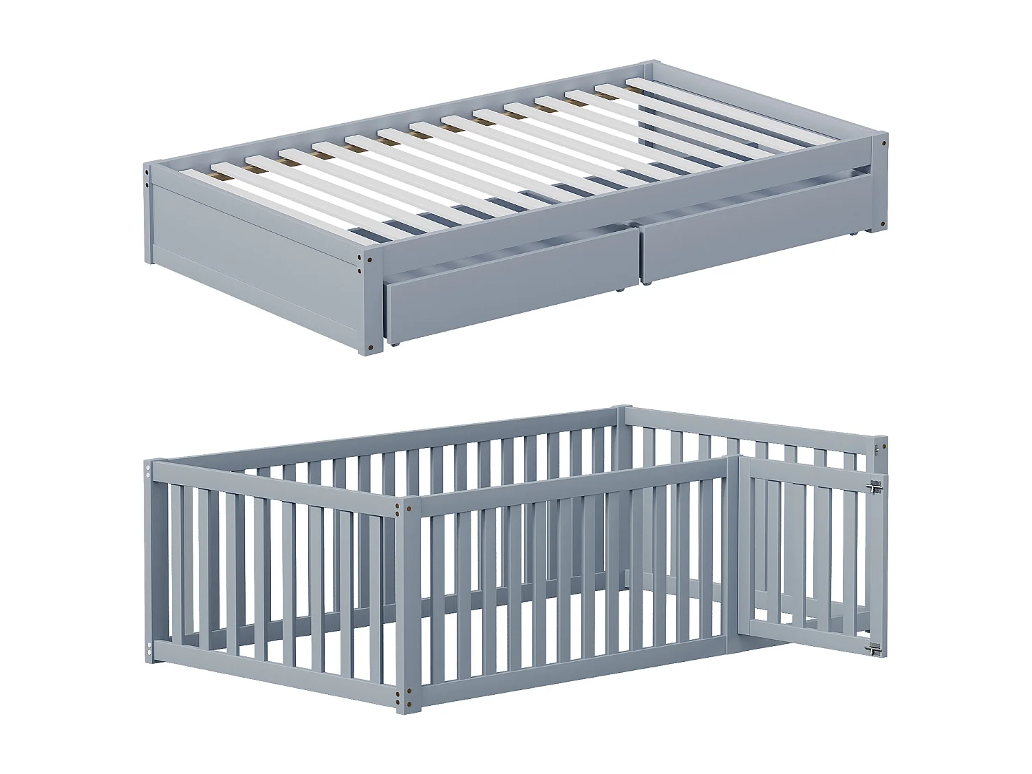 Cama de bebê 90 x 200 cm com 2 gavetas e base de ripas - Pinho + compensado + MDF - Cor cinza