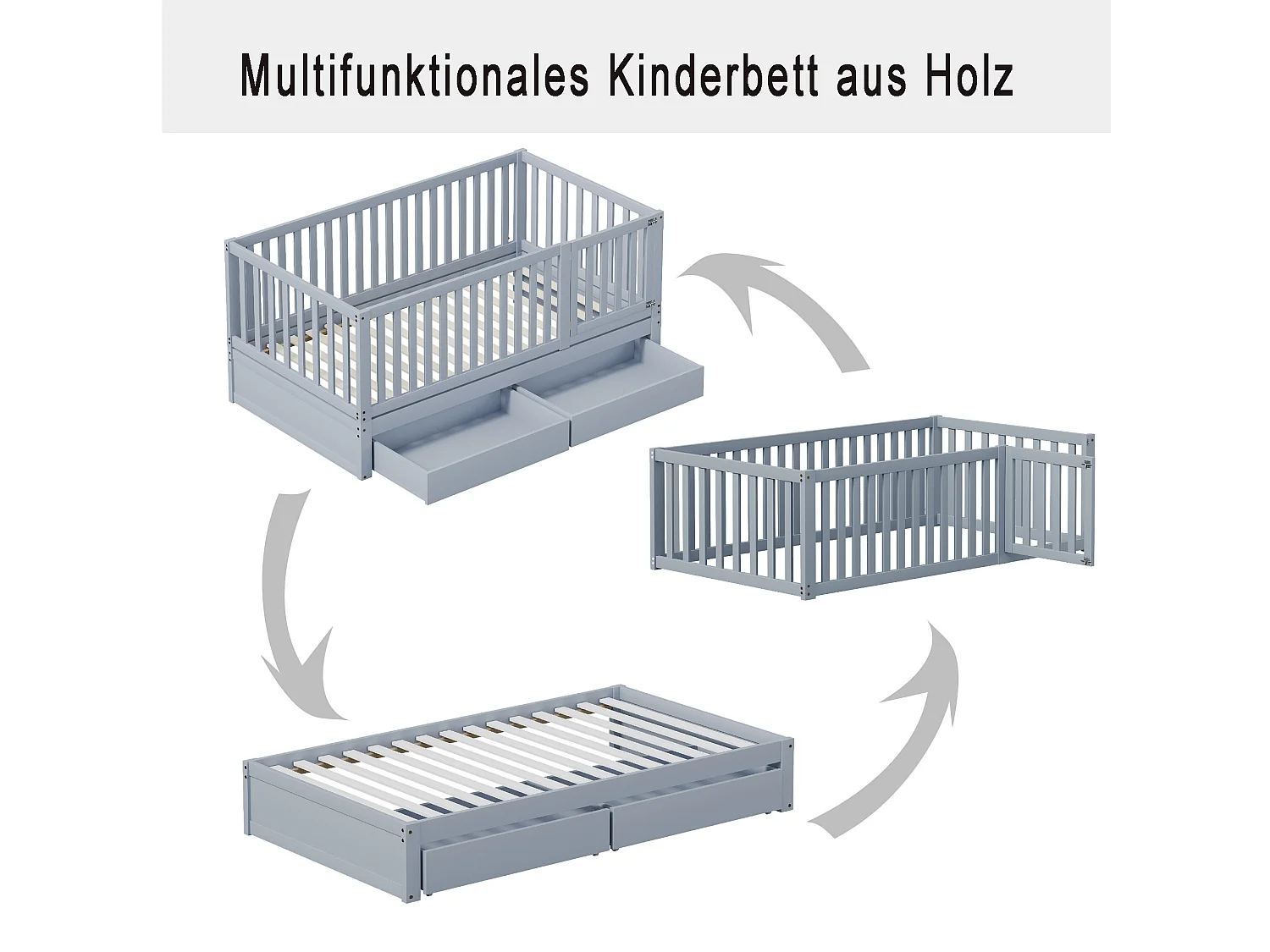 Cama de bebê 90 x 200 cm com 2 gavetas e base de ripas - Pinho + compensado + MDF - Cor cinza