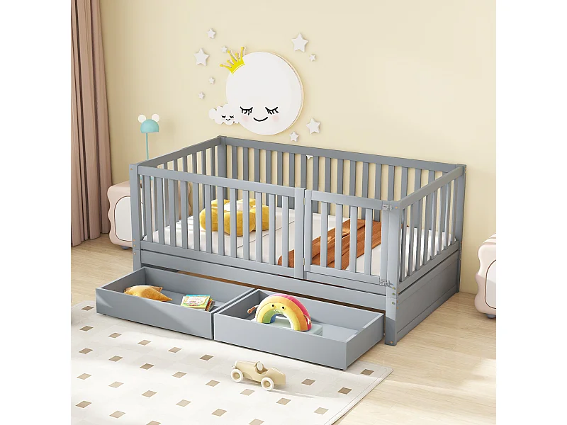 Lettino per bambini 90 x 200 cm con 2 cassetti e rete a doghe - Pino + compensato + MDF - Colore grigio