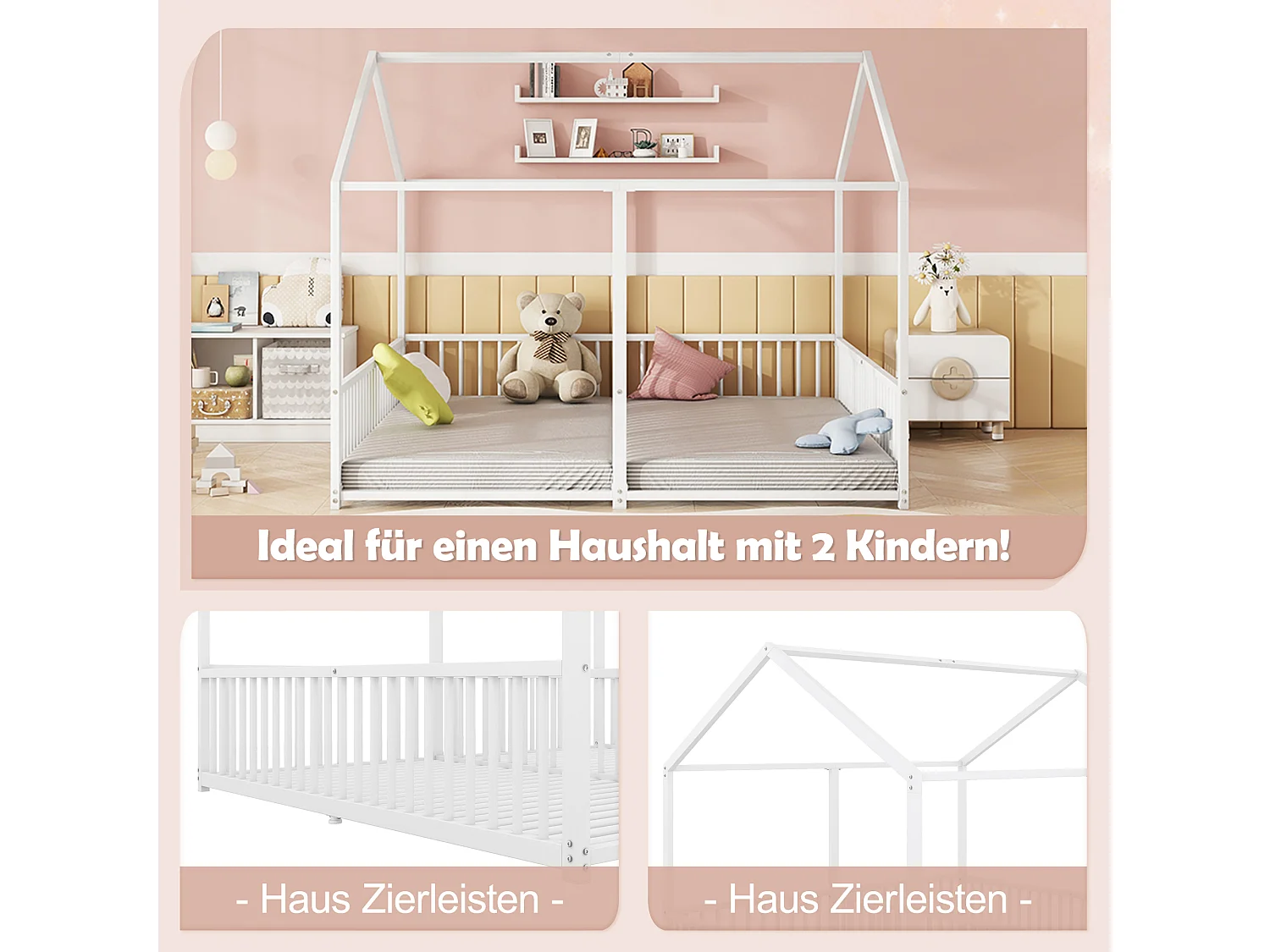 Cama cabine metálica 2 x 90 x 200 cm com grades - Base de ripas incluída - Branca (Sem colchão)