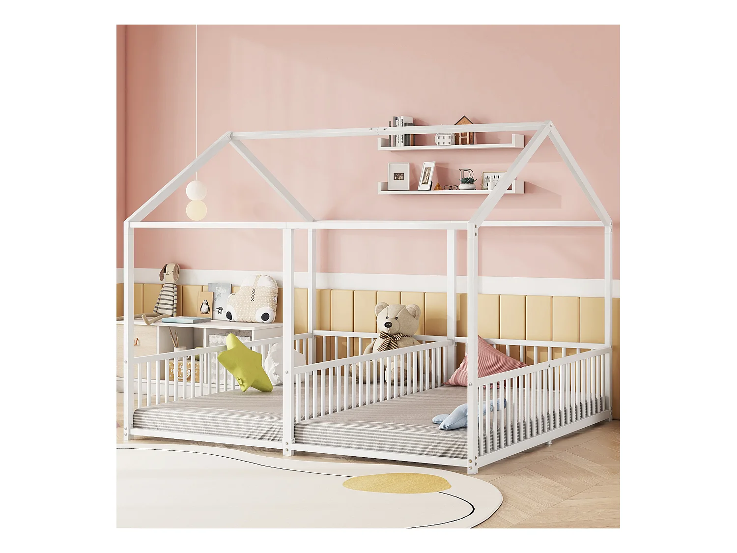 Lit cabane en métal 2 x 90 x 200 cm avec barrières - Sommier à lattes inclus - Blanc (Sans matelas)