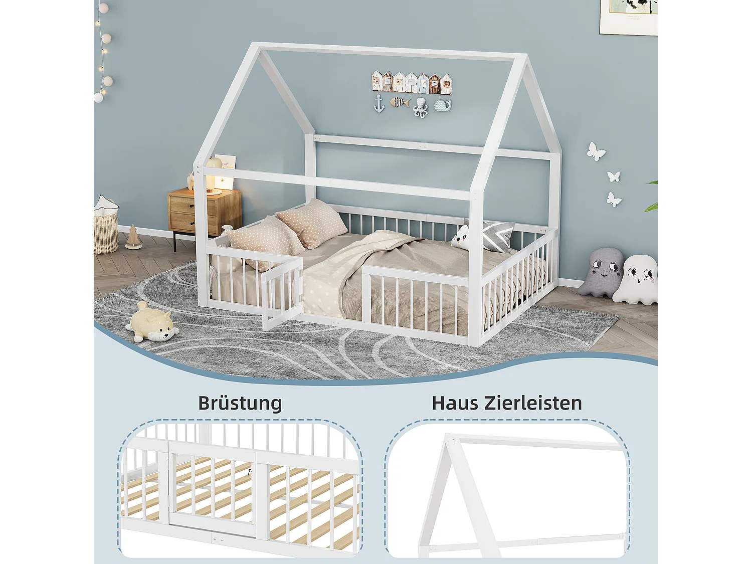 Lit cabane en métal 140 x 200 cm avec barrières et porte - Sommier à lattes inclus - Blanc (Sans matelas)