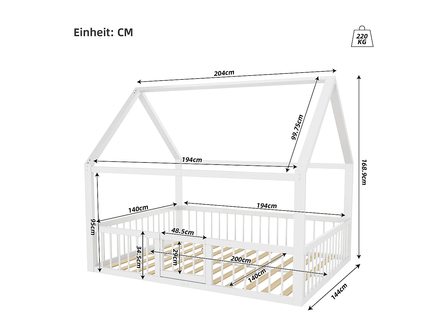 Lit cabane en métal 140 x 200 cm avec barrières et porte - Sommier à lattes inclus - Blanc (Sans matelas)