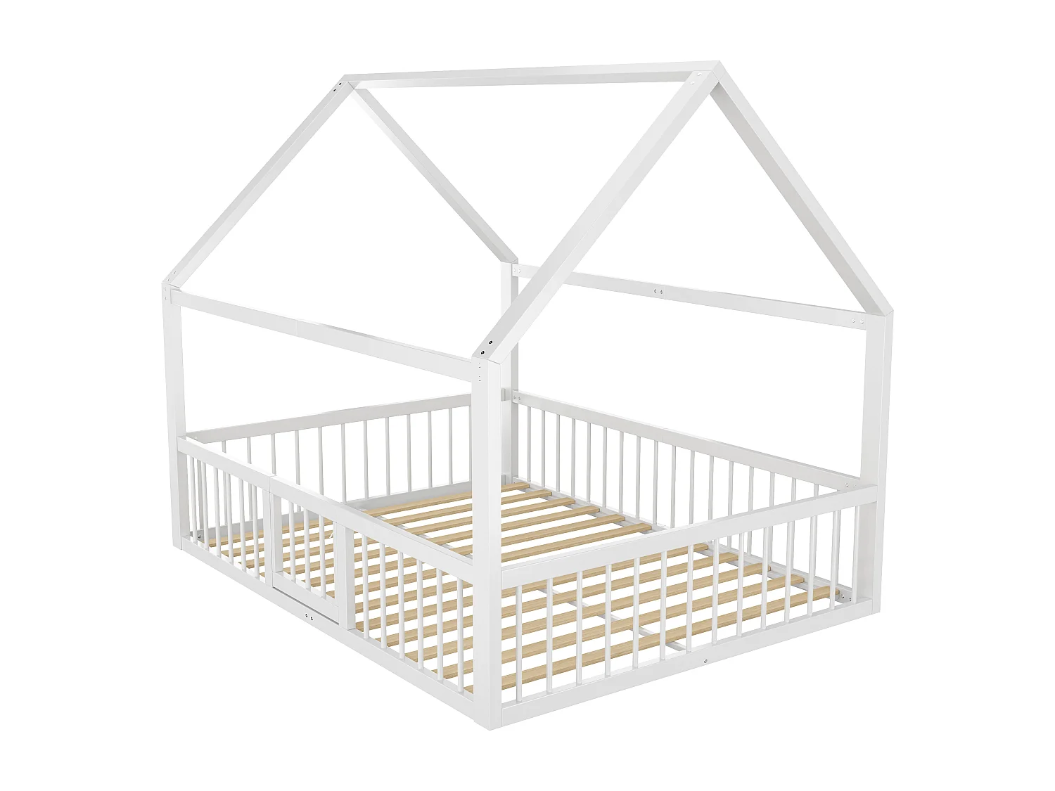 Lit cabane en métal 140 x 200 cm avec barrières et porte - Sommier à lattes inclus - Blanc (Sans matelas)