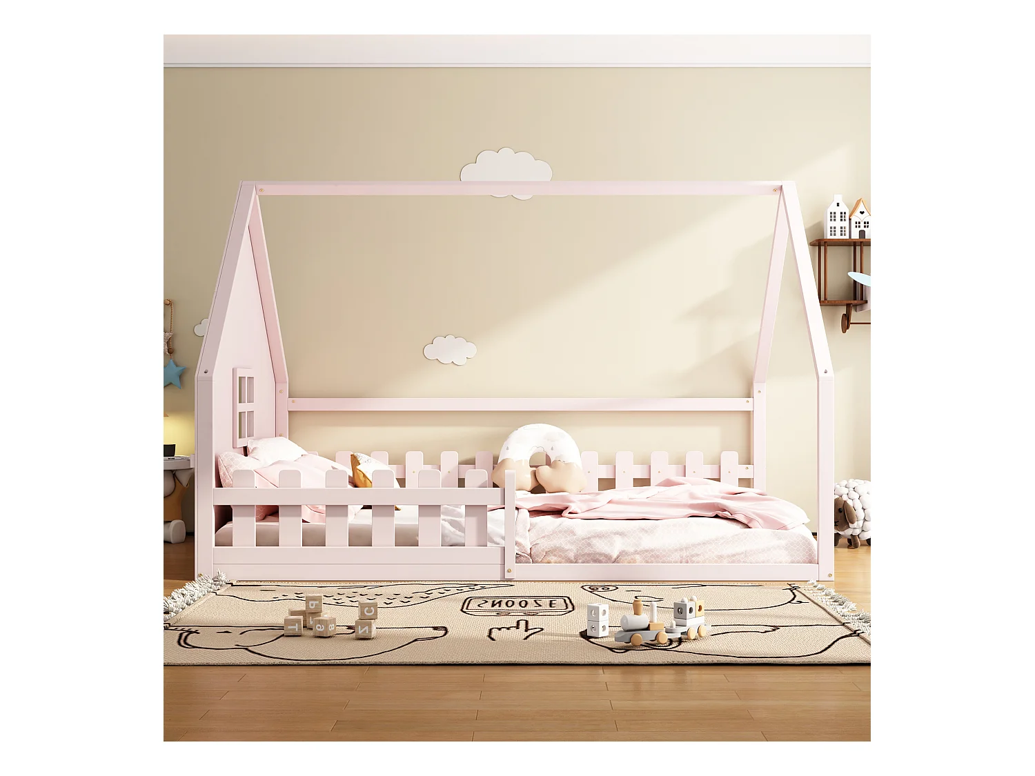 Lit cabane 140 x 200 cm avec fenêtre - Bois de pin + MDF - Sommier à lattes inclus - Rose