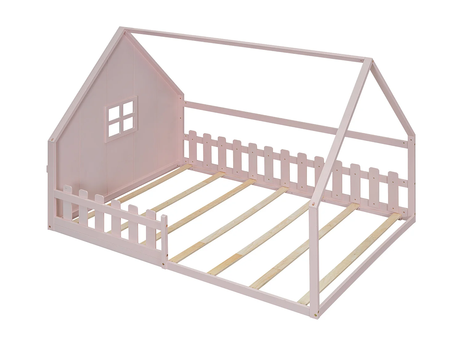 Lit cabane 140 x 200 cm avec fenêtre - Bois de pin + MDF - Sommier à lattes inclus - Rose