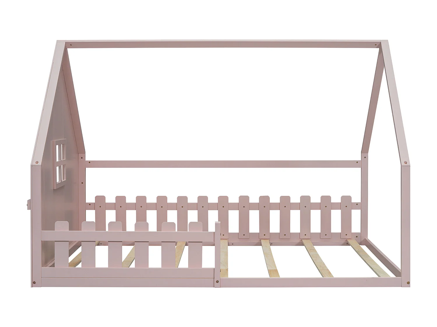 Lit cabane 140 x 200 cm avec fenêtre - Bois de pin + MDF - Sommier à lattes inclus - Rose