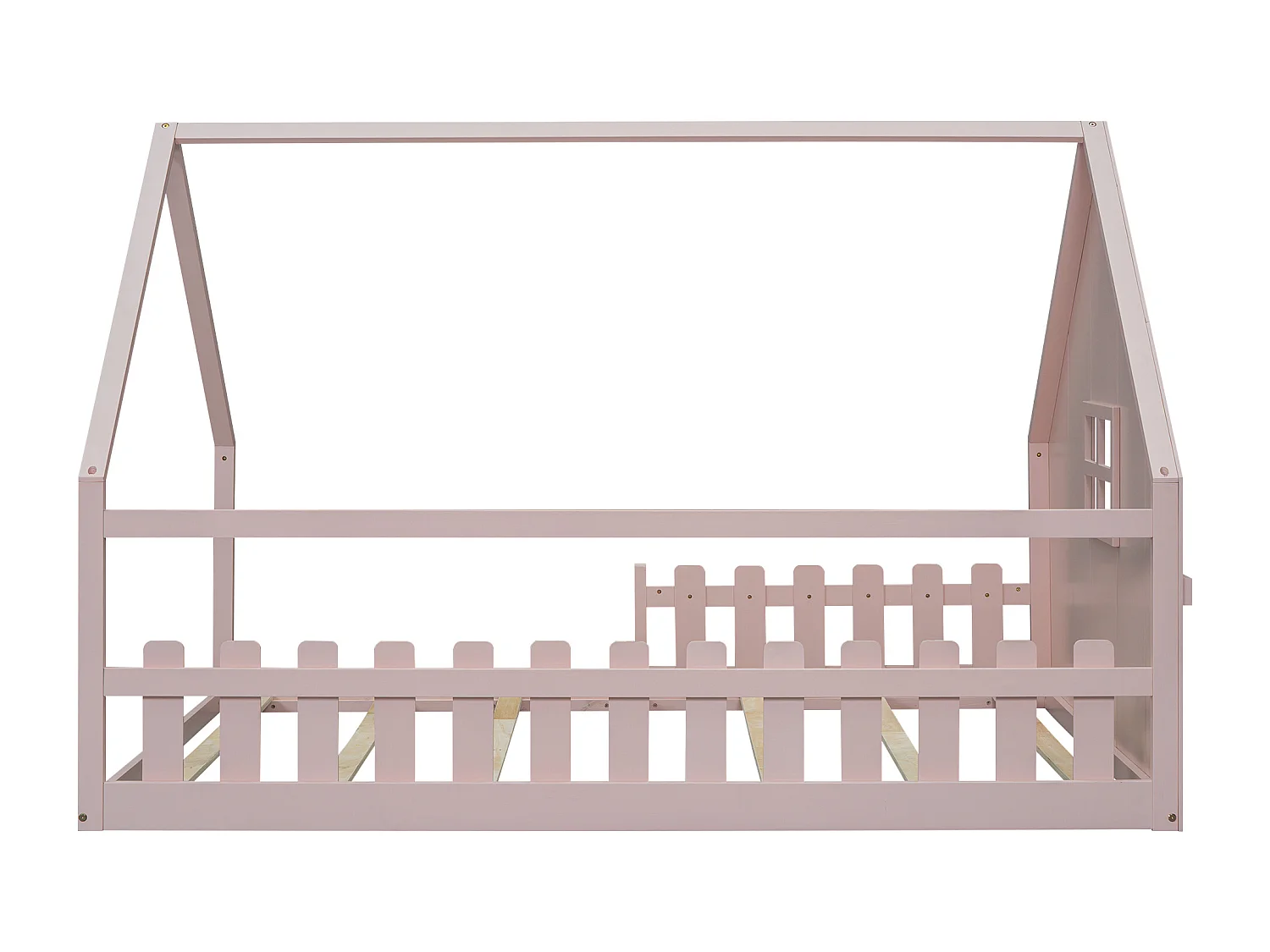 Lit cabane 140 x 200 cm avec fenêtre - Bois de pin + MDF - Sommier à lattes inclus - Rose