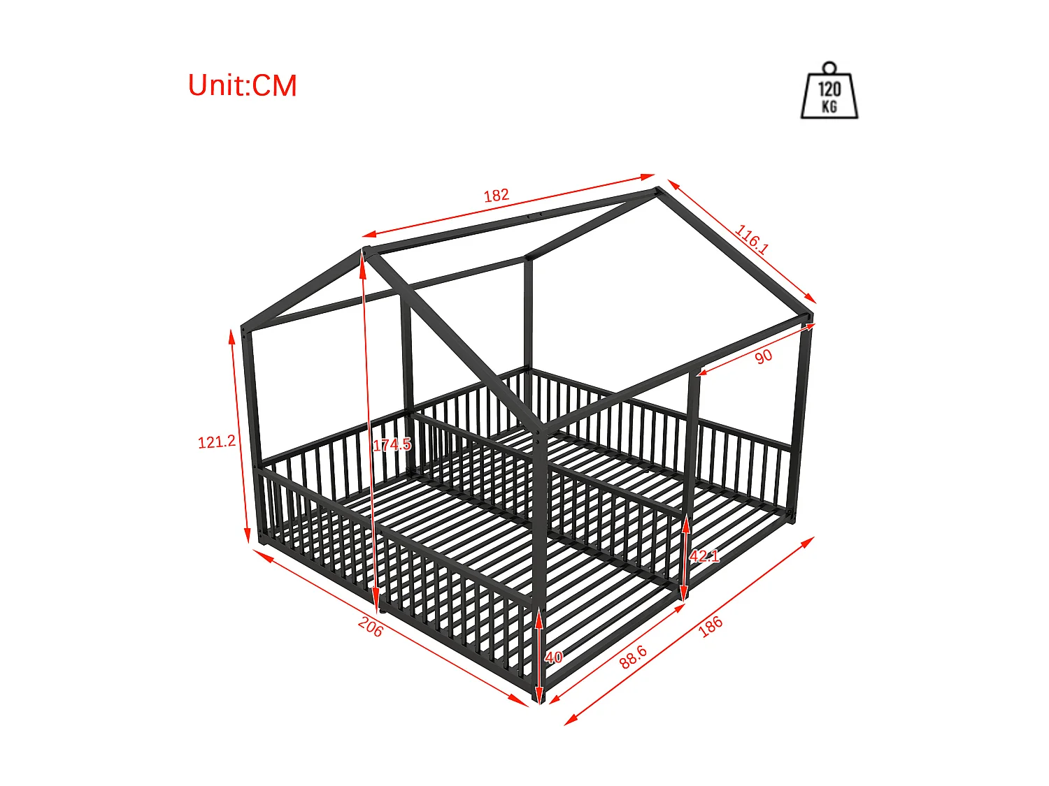 Lit cabane en métal 2 x 90 x 200 cm avec barrières - Sommier à lattes inclus - Noir (Sans matelas)