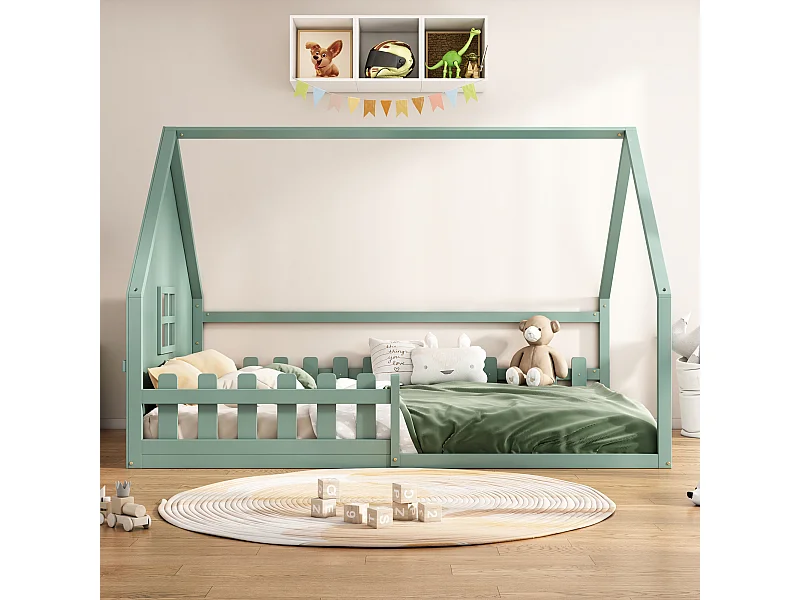 Lit cabane 140 x 200 cm avec fenêtre - Bois de pin + MDF - Sommier à lattes inclus - Vert