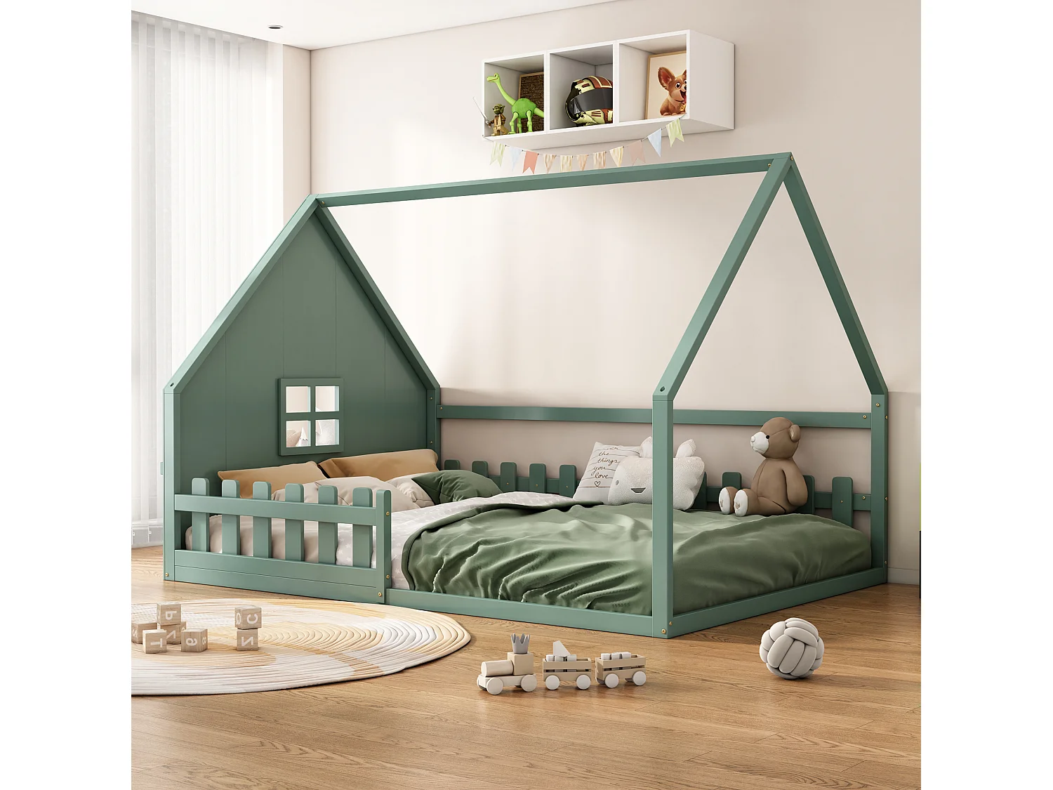 Cama cabina 140 x 200 cm con ventana - Madera de pino + MDF - Somier de láminas incluido - Verde