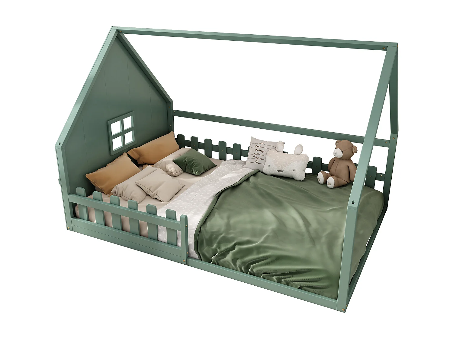 Cama cabina 140 x 200 cm con ventana - Madera de pino + MDF - Somier de láminas incluido - Verde