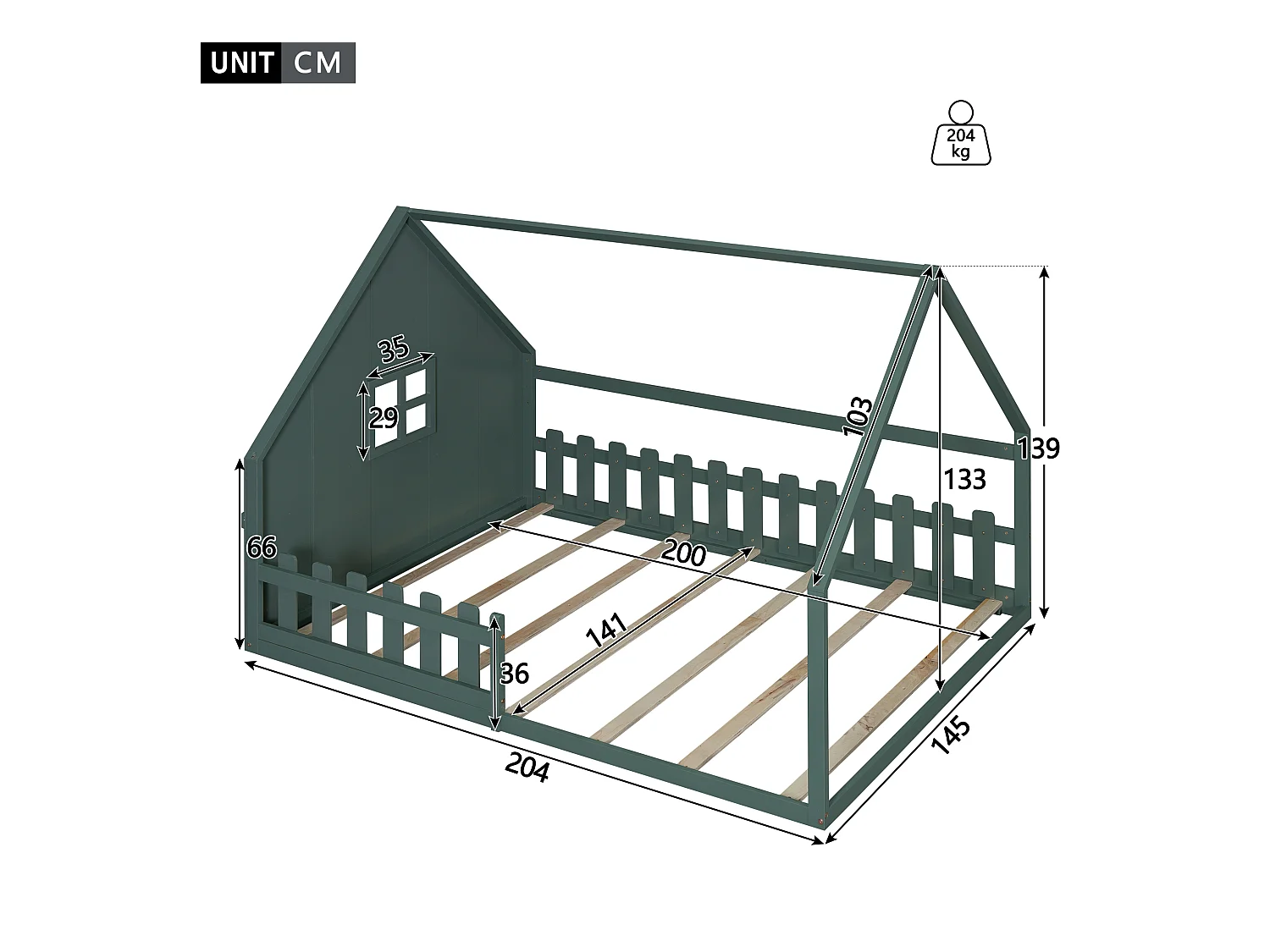 Lit cabane 140 x 200 cm avec fenêtre - Bois de pin + MDF - Sommier à lattes inclus - Vert