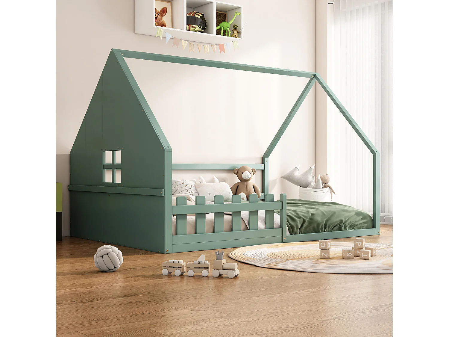 Cabinebed 140 x 200 cm met raam - Grenenhout + MDF - Inclusief lattenbodem - Groen